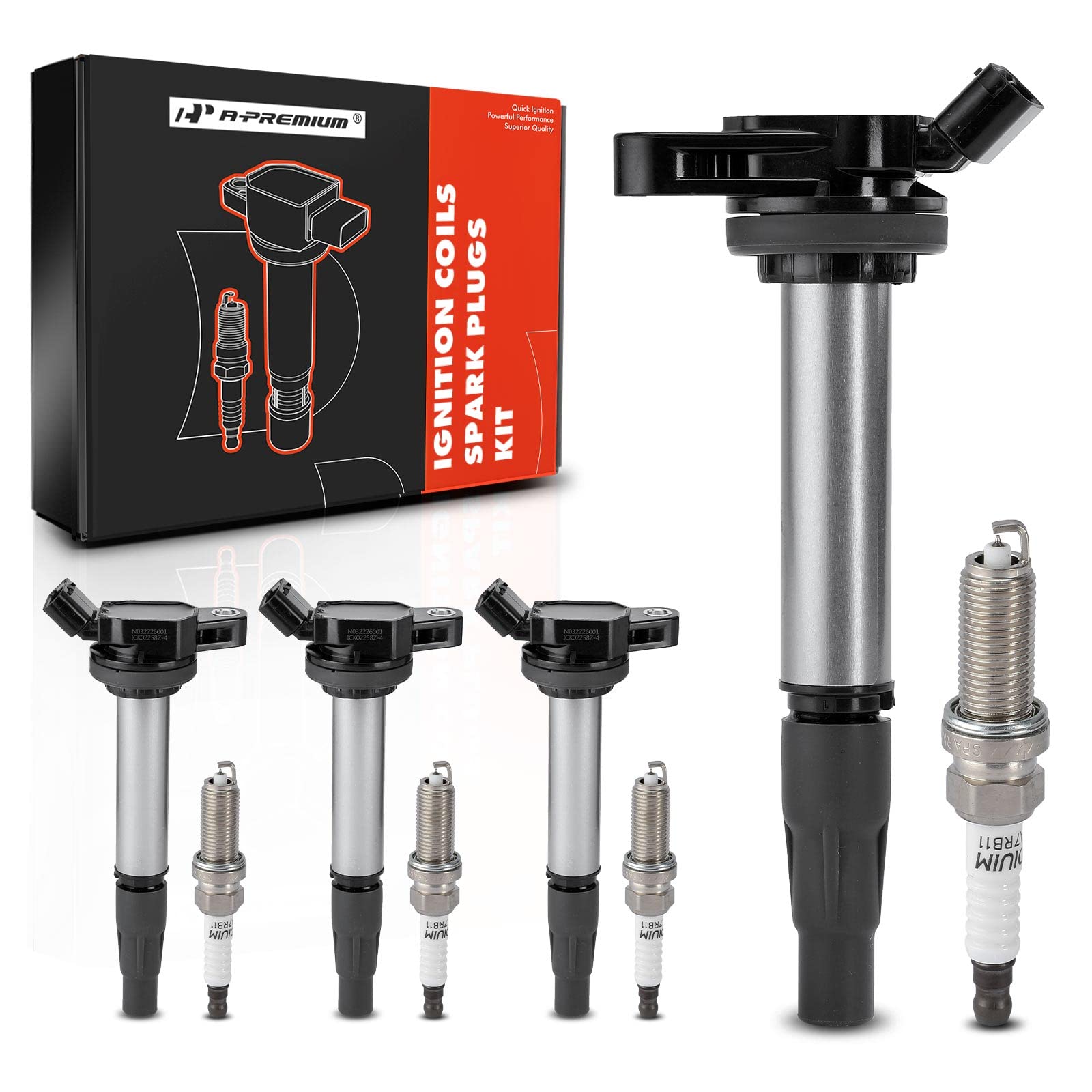 A-Premium Set of 4 Ignition Coil Pack and Iridium Spark Plugs Compatible with Toyota Corolla 2009-2018 Matrix Prius C-HR & Lexus CT200h 2011-2017 & Scion iM xD