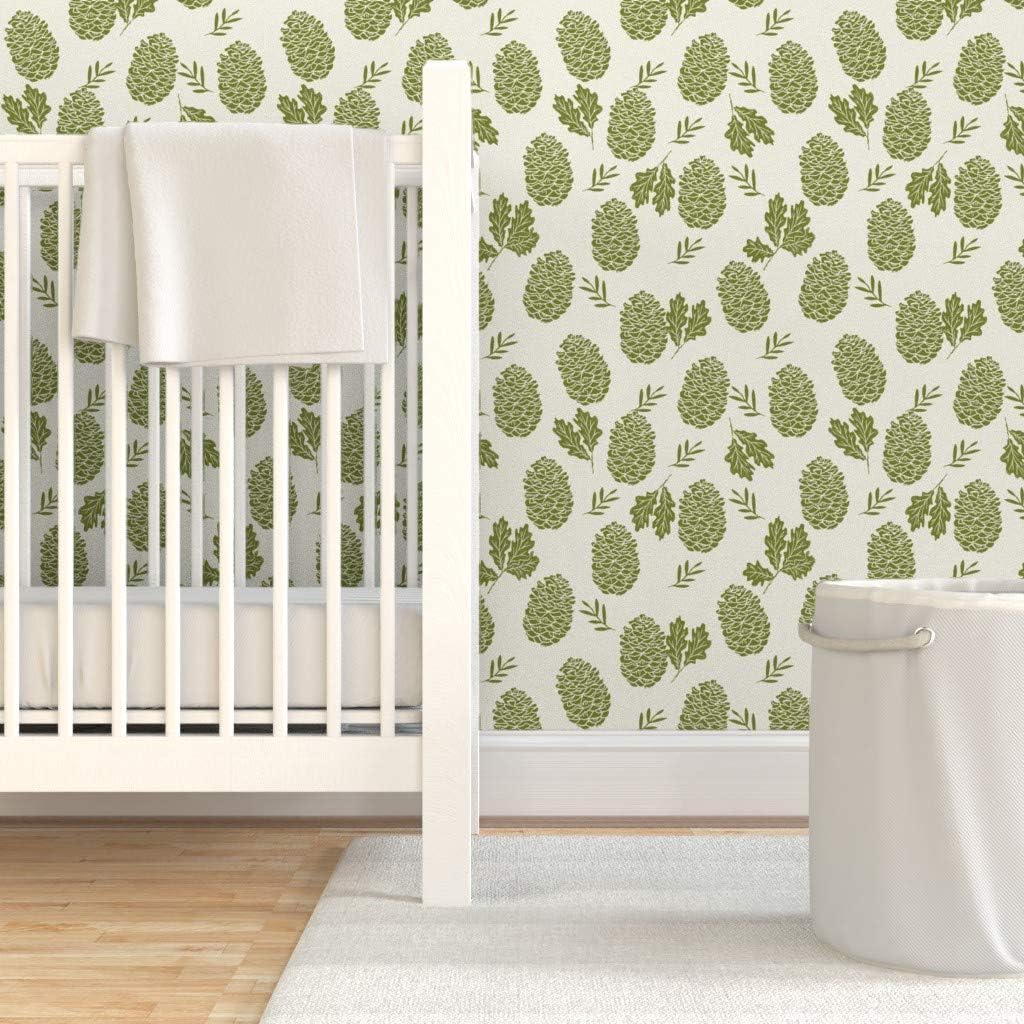 Peel & Stick Wallpaper 3ft x 2ft - Pinecone Winter Camping Woodland Cream Green Nature Outdoors Pinecones Custom Removable Wallpaper by Spoonflower