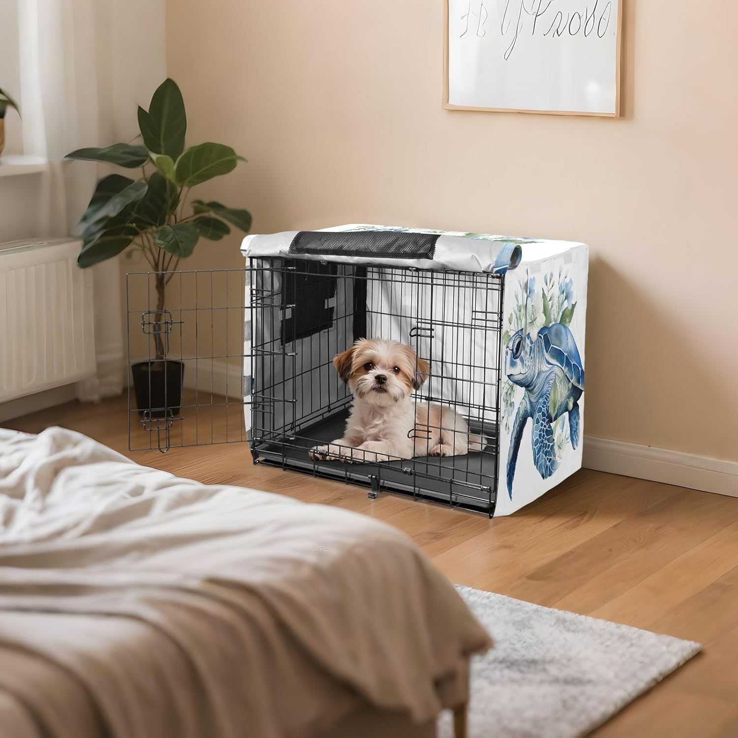 Green Turtle Holding Flowers Dog Crate Cover Roll-up Side Panels, Cage Cover for Puppies Training, X-Large