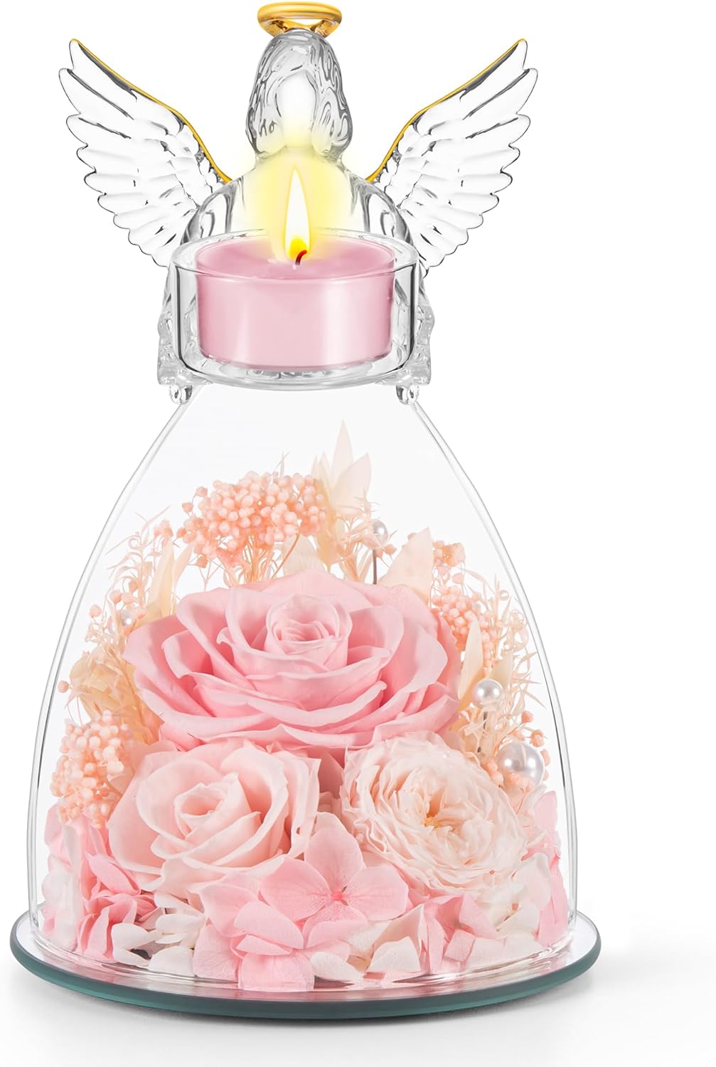 Mothers Day Roses Gifts for Mom, Preserved Roses in Glass Angel Figurines With Tealight Candle Holder,Fresh Flowers for Delivery,Mothers Day Flowers Gifts for Grandma Women Wife from Daughter/Pink