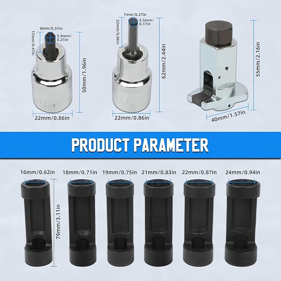 Strut Nut Socket 16mm 18mm 19mm 21mm 22mm 24mm with 12 Point 1/2 Drive Suspension Strut Spreader Socket 9pc Shock Absorber Tool