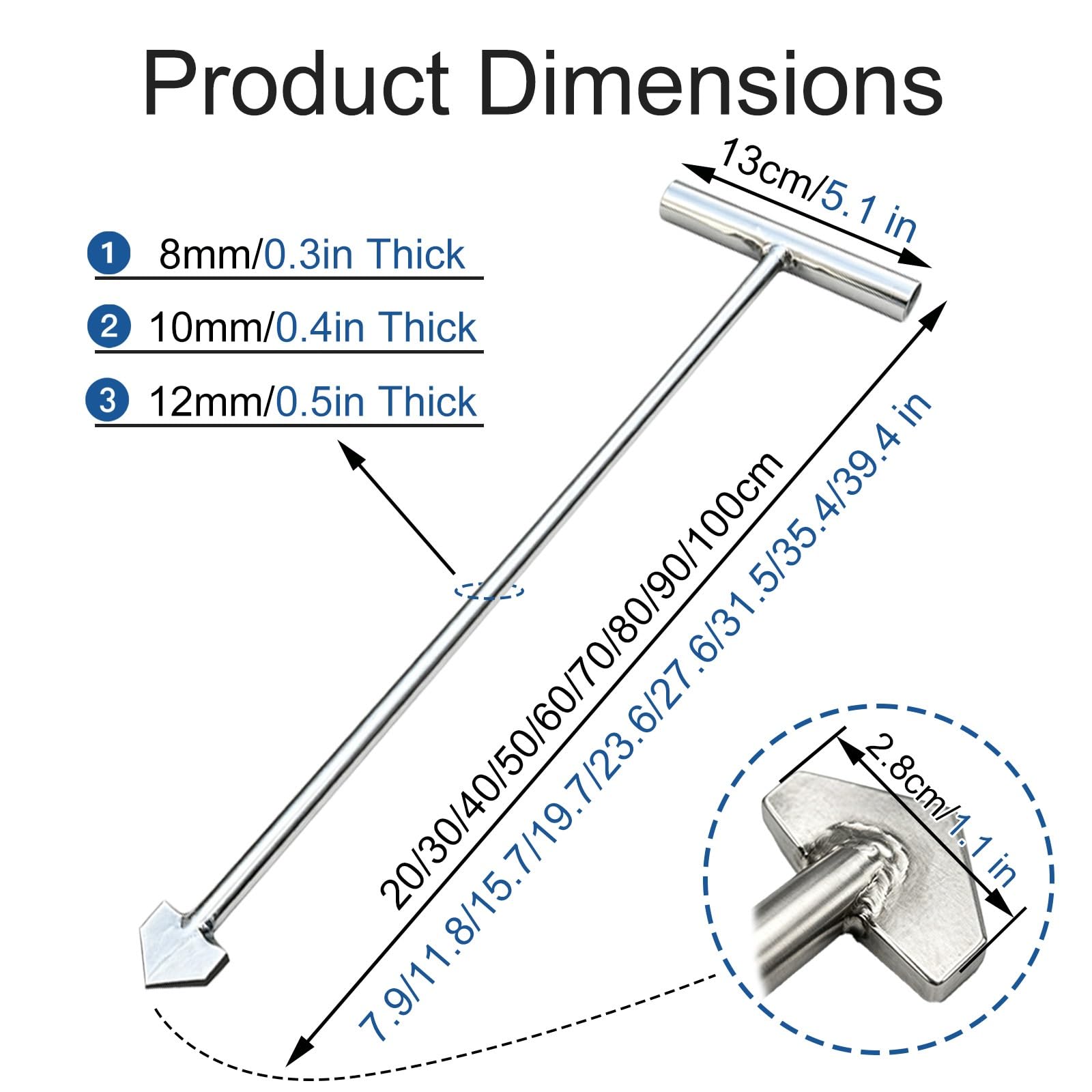 Paquete de 2 Ganchos con Mango en T, 7 7/8 a 39 3/8 Pulgadas | Acero inoxidable 201, punta de cuña de diamante, 5/16 a 1/2 pulg.(8mm/0.3in Thick,50cm/19.7in)