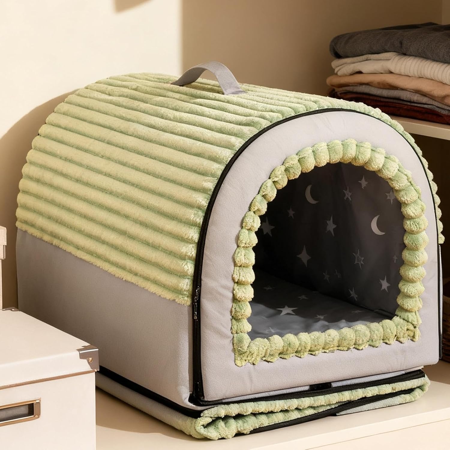 Pet Tent - Enclosed Cat and Doghouse, Removable Washable Shelter | Comfortable Cloth Material, Ideal for Cats and Small Dogs up to 16.5lbs, Perfect for Home Bedroom Apartment, Light Green/Yellow