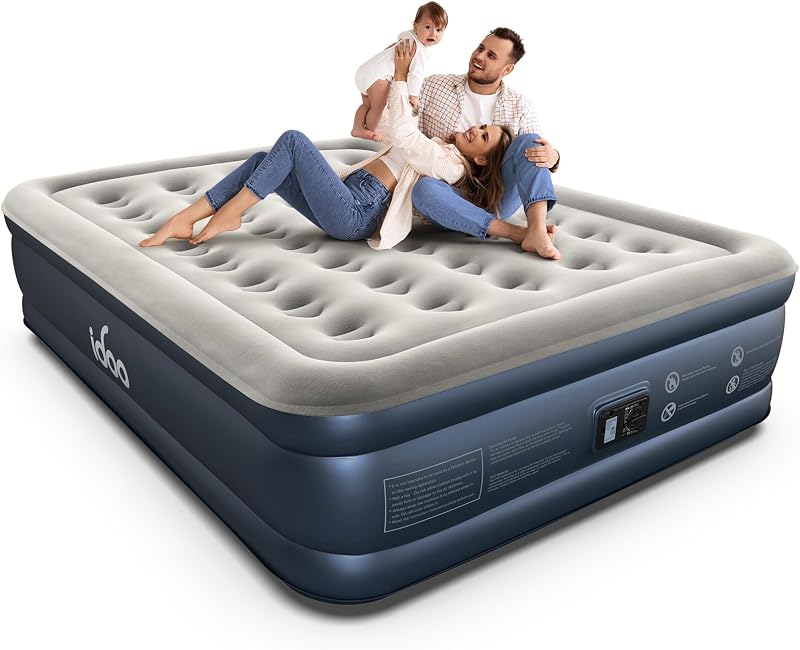 Queen Air Mattress with Built in Pump, 18" Raised Blow up Bed, 750 lbs | Inflatable Mattress, 3 Mins Inflation, Strong Support, Thicker PVC, Waterproof Top, Carry Bag, Repair Kit, 1-Year Warranty
