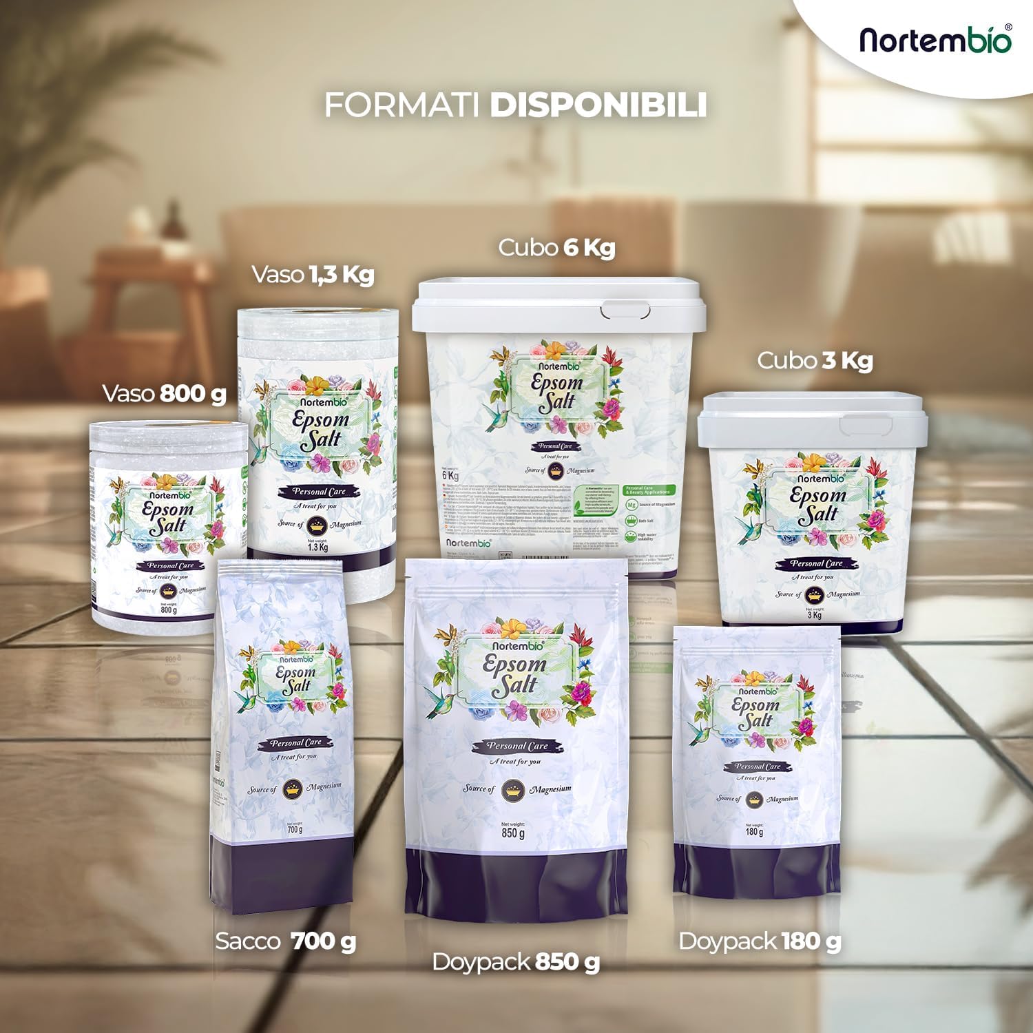 Nortembio Sali di Epsom 100% Puri 700 g – Fonte Concentrata di Magnesio | Per Pelli Sensibili | Con Vitamine C ed E Idratanti | Senza Additivi, Uso Esterno Naturale + E-Book Gratuito