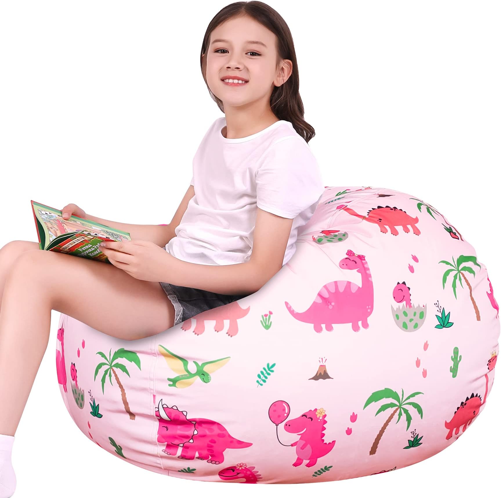 Lukeight Dinosaur Stuffed Animals Storage Bean Bag Chair Cover Only (Ships Empty, No Filling) - Velvet YKK Zipper Beanbag Cover for Toddlers and Kids, Washable Plush Toy Organizer, Large 27" D x 16" H