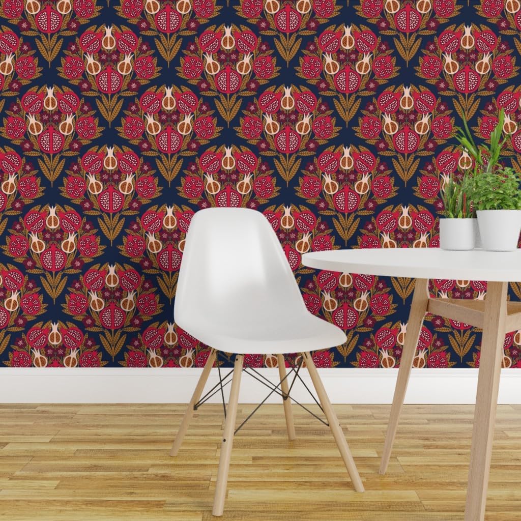 Spoonflower Removable Wallpaper 6ft x 2ft - Damask Blue Gold Rose Maroon Custom Pre-Pasted Wallpaper