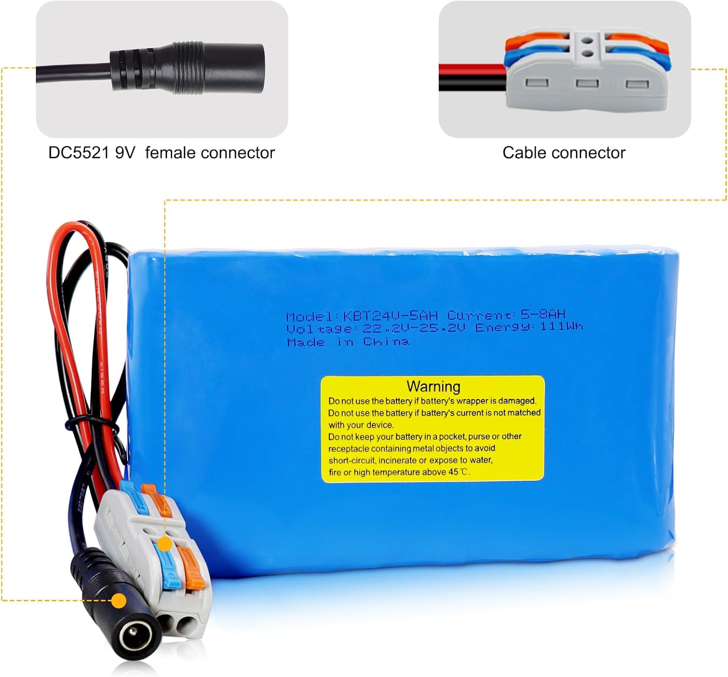 KBT 24V 5Ah Rechargeable Li-ion Replacement Battery with Charger, Charging Cable, Cable Connector for DIY Bluetooth Speaker