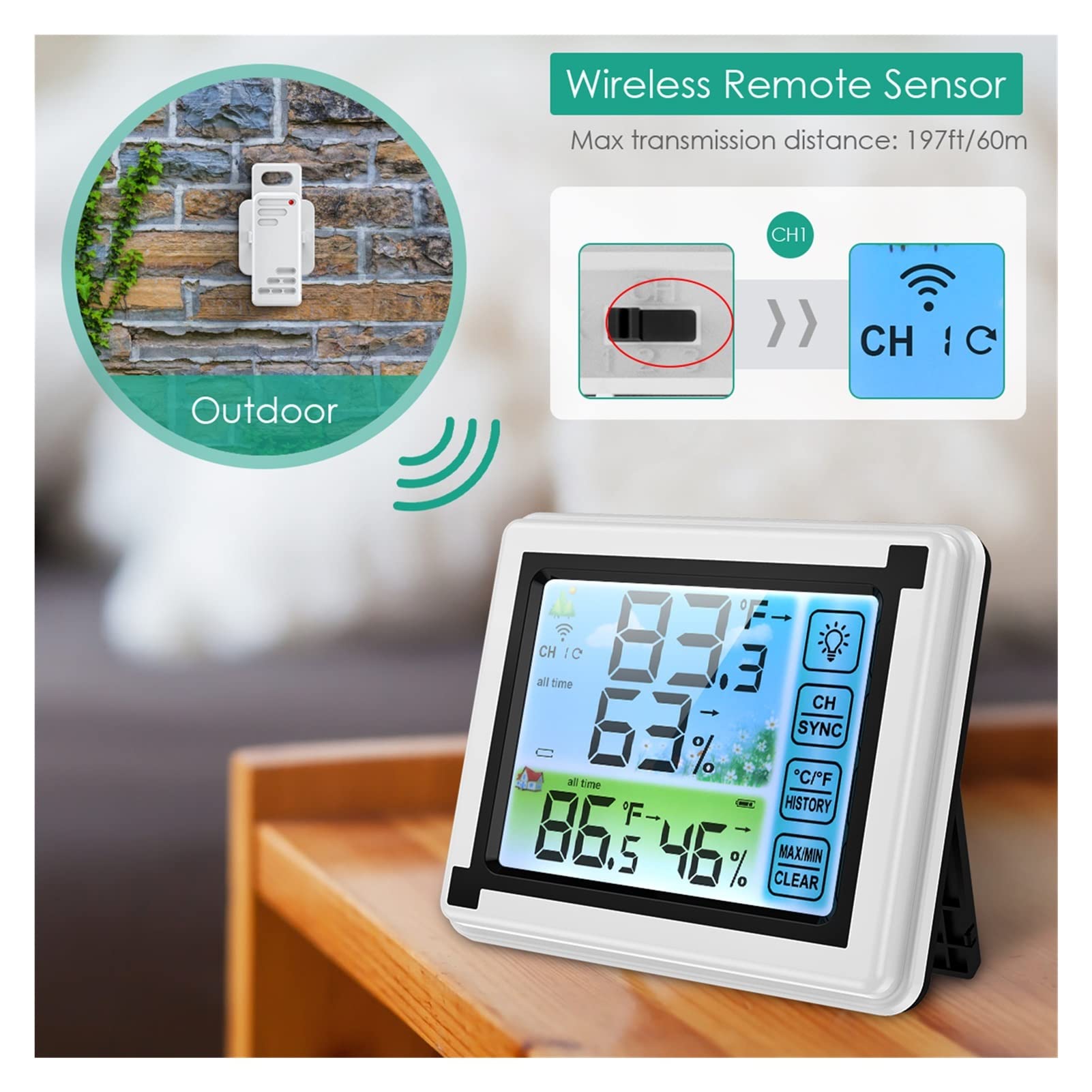 Termómetros para piscinas Pantalla táctil Estación meteorológica Sensor de pronóstico al aire libre Termómetro de retroilimómetro Hygrometer Estación meteorológica inalámbrica para piscinas interiores