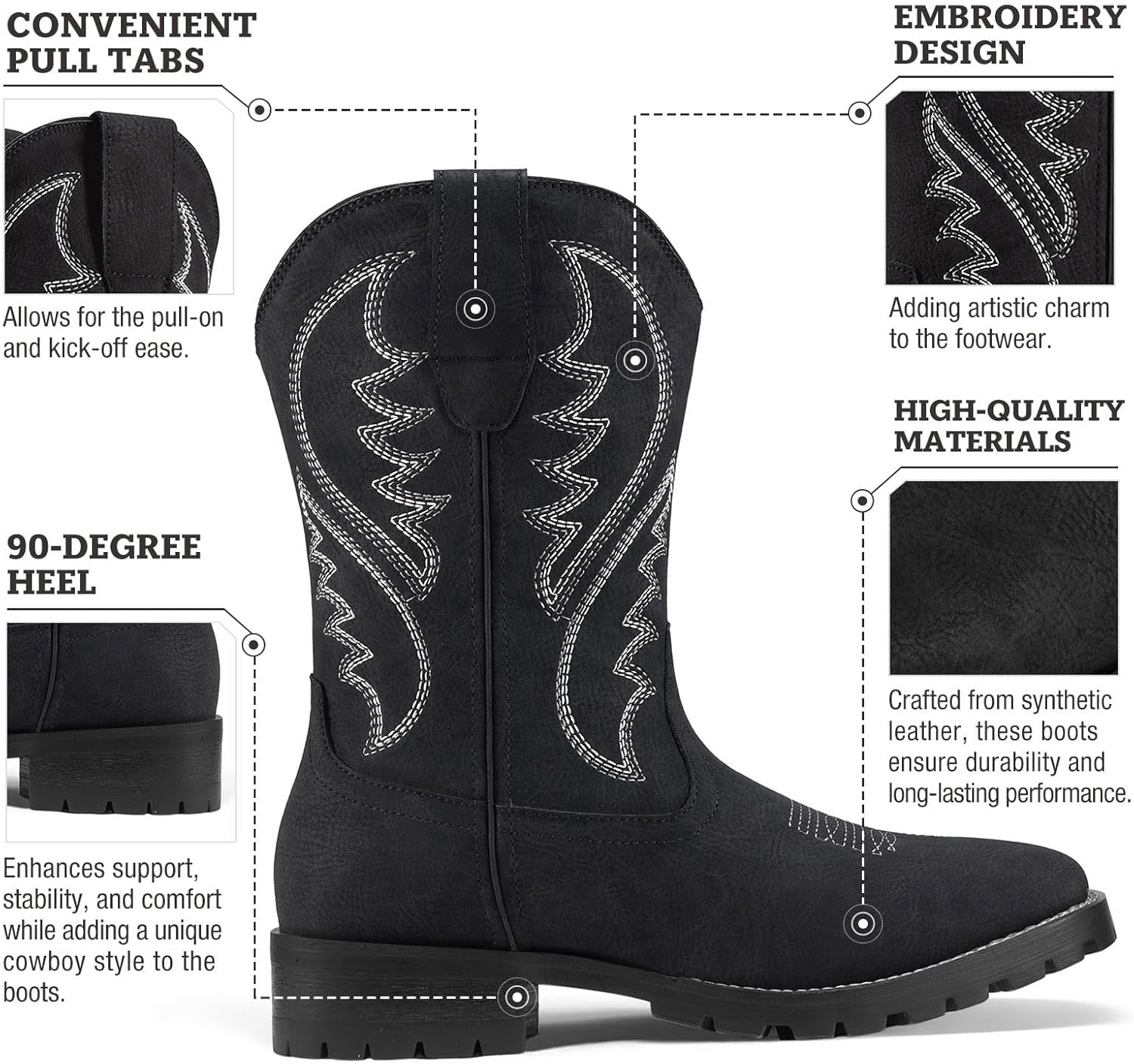 Rollda Cowboy Boots for Men Western Boots Men's Square Toe Chunky Heel Mid-Calf Boots Classic Embroidered Pull On Boots - Image 3