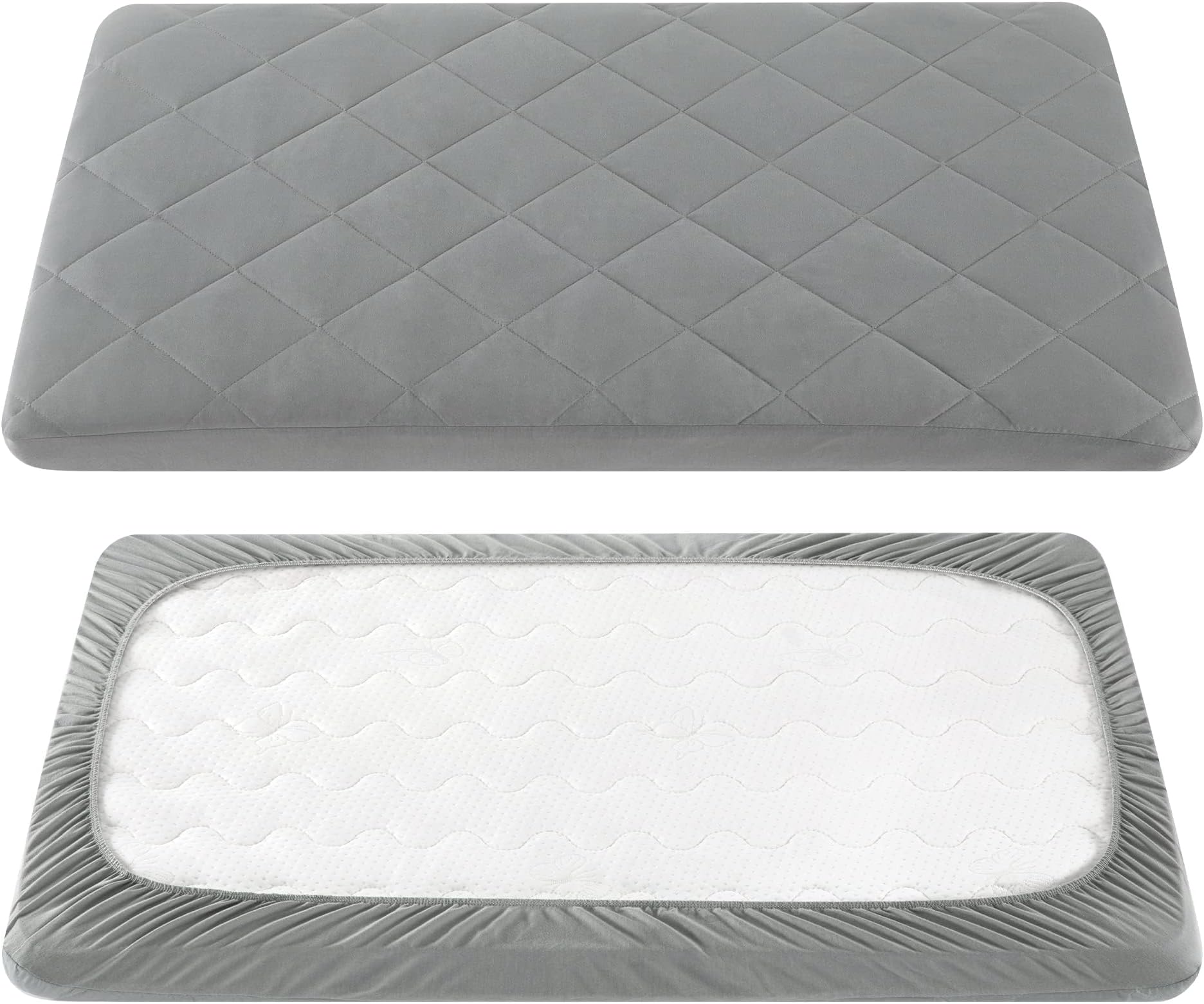 TILLYOU Pack and Play Sheet - Soft Quilted Crib Cover Pad, Toddlers Mattress Protector with 1''-3'' Deep Pocket, Thick Play Yard Playpen Sheets, Breathable Fluffy Crib Mattress Pad, 39"x27", Grey