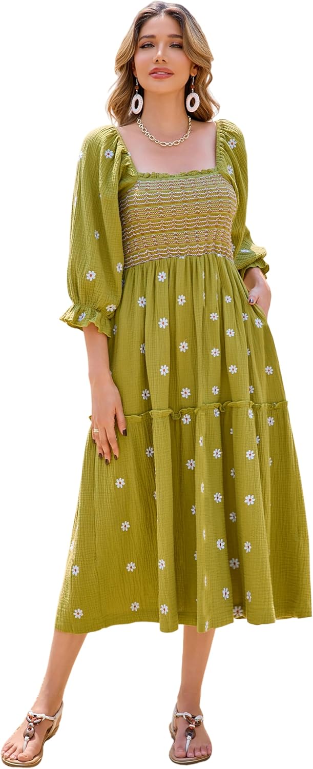 R.Vivimos Women's Long Sleeve Cotton Boho Midi Dress Vintage Square Neck Floral Embroidered Tiered Ruffle Flowy Pockets Dress