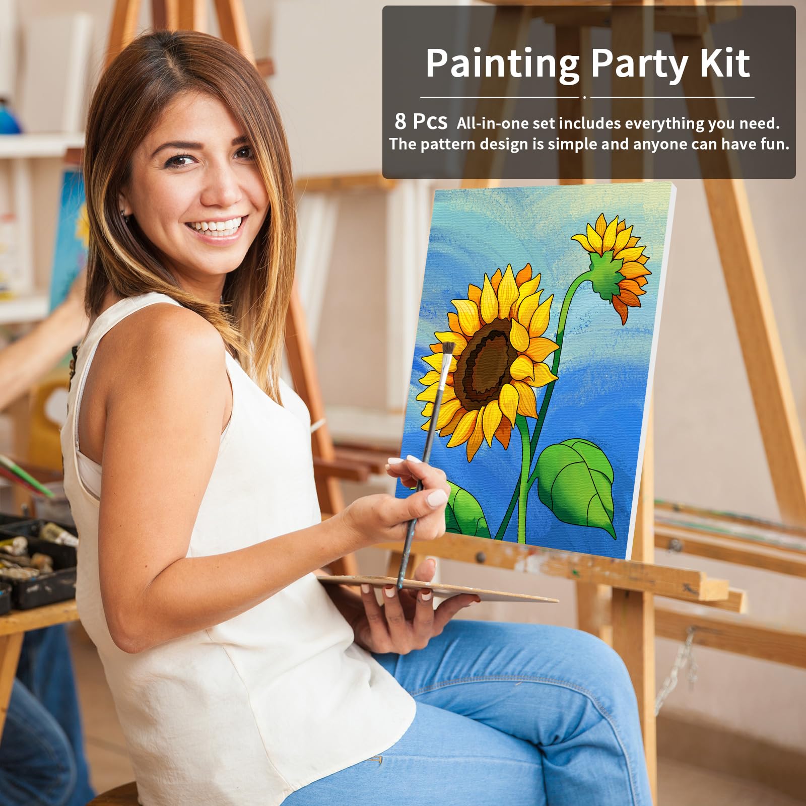 VOCHIC 8 Pack Paint and Sip Kit for Adults,Flower Theme Pre Drawn Canvas Painting Set for Lady Night Party Supplies Stretched Outline Canvas with Aprons,Easels, Paints,Brushes, Pallet,Image(8x10)
