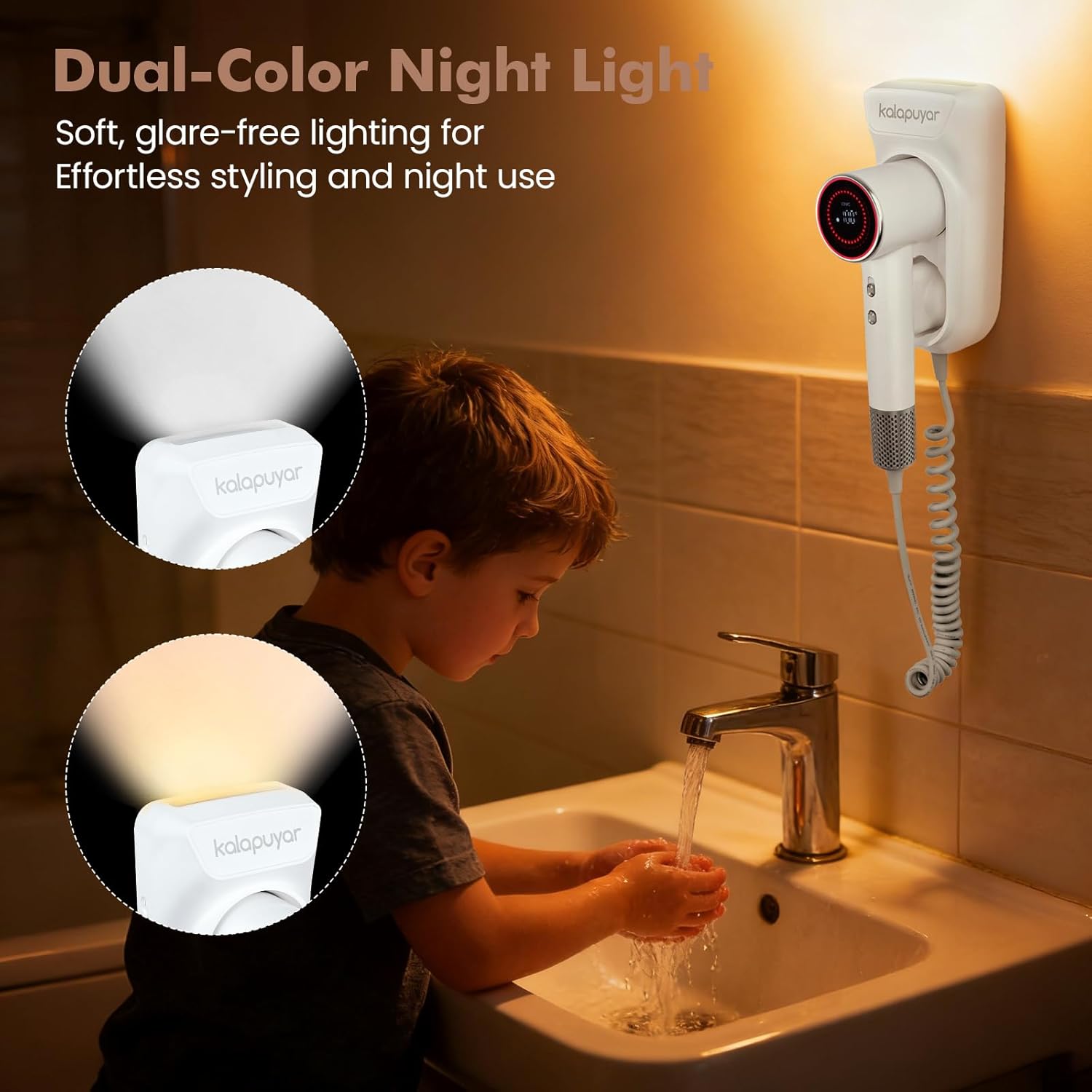 Wall Mounted Hair Dryer 1600W, Ionic Wall Mount Blow Dryer with LED Nightlight, 4 Heat 2 Speed Settings, Negative Ion Bathroom Hair Dryer for Home Hotel Spa, White