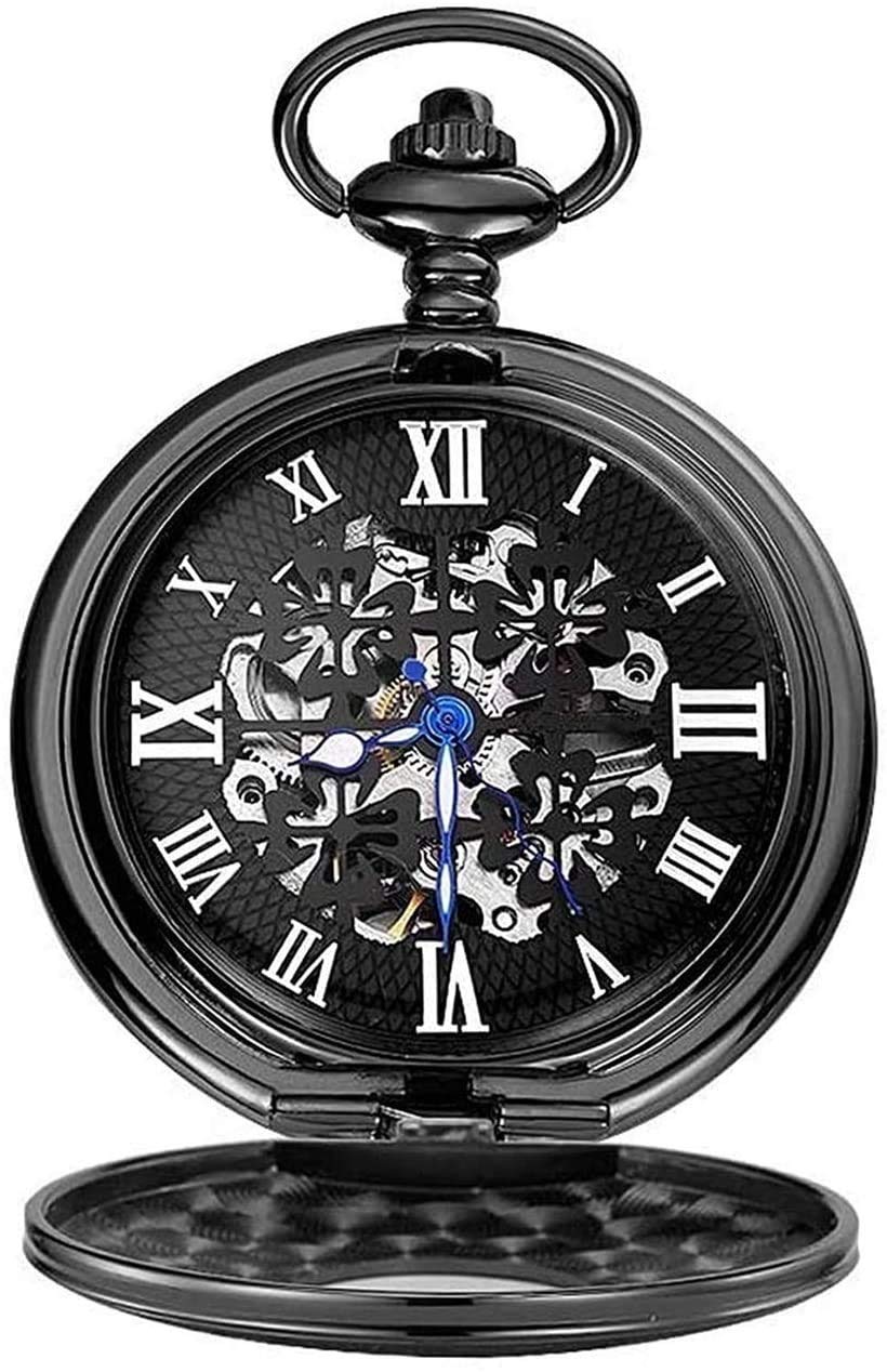 Mechanische römische Ziffernzifferblatt Skeleton Taschenuhren mit Ketten für Herrenfrauen