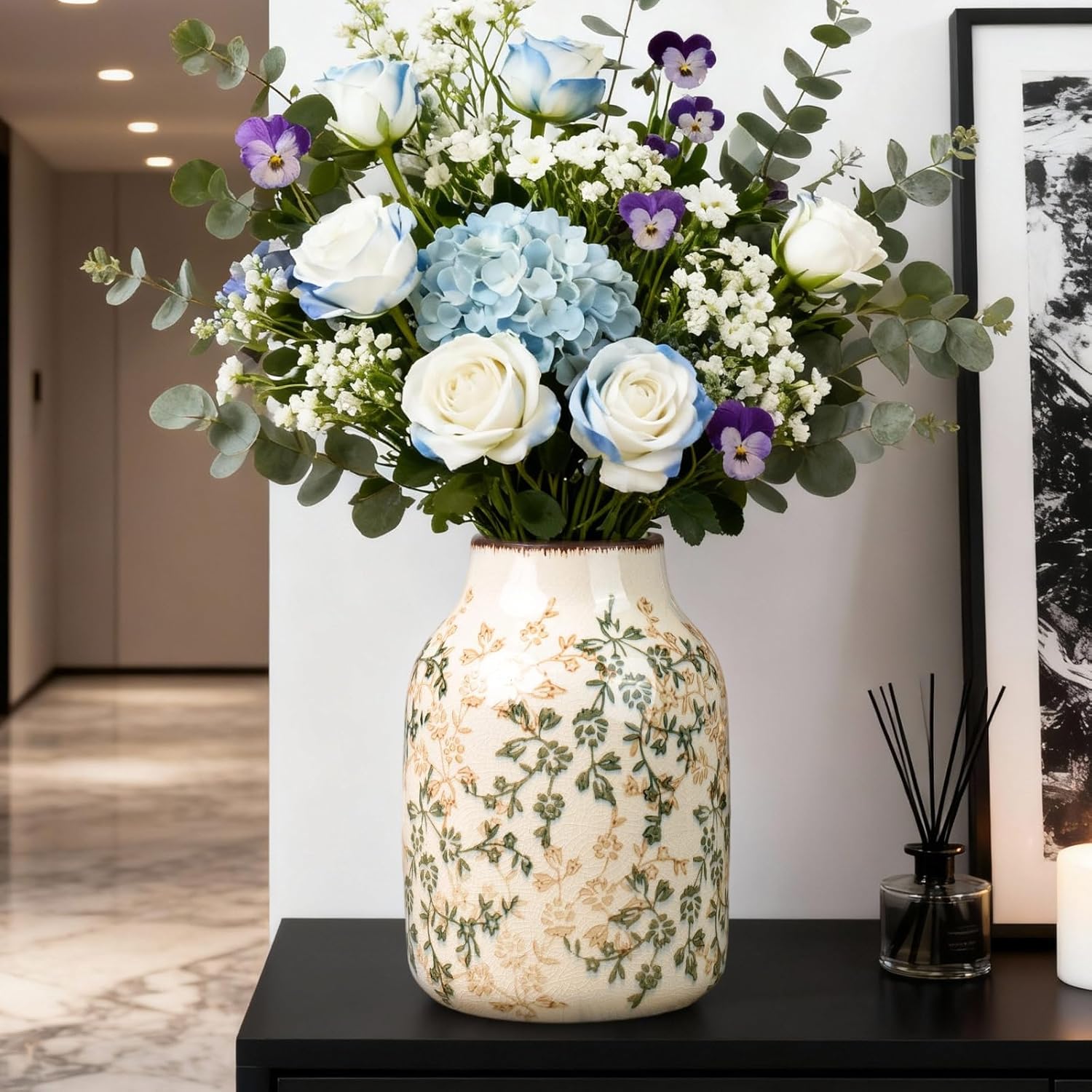 Green Vinatge Vase, Farmhouse Rustic Ceramic Flower Vase, Antique Chinoiserie Vases, Decorative Ice Cracked Large Vases for Home Decors, Living Dining Room Table, Shelf Decor, Office, 7.8 Inch