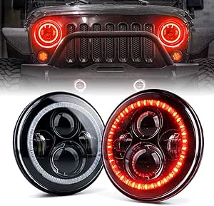 Xprite 7 Inch 90W LED Headlights With Red Halo Ring Angel Eyes Compatible with 1997-2018 Jeep Wrangler JK TJ LJ(DOT Approved), 9600 Lumens Hi/Lo Beam