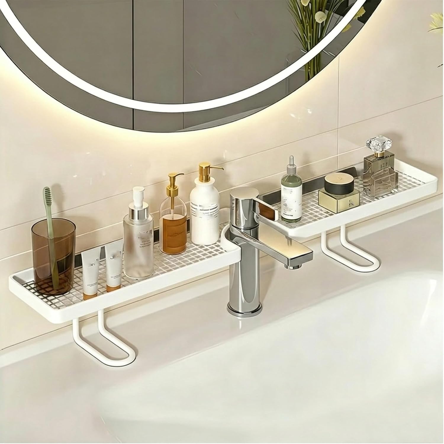 Faucet Shelf for Bathroom Sink, No-Drill Over the Sink Shelf Bathroom Organizer, Bathroom Sink Shelf Over Faucet, Freestanding Countertop Storage Rack with Fast Drainage Design (White)