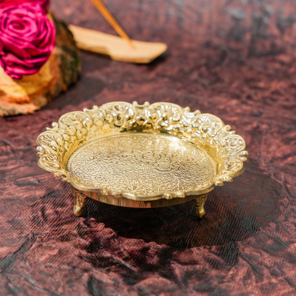 Bhimonee Decor | Pure Brass Chowki for God Idols | 5-Inch Round Choki for Pooja Mandir | Heavy-Duty 220 gm Stand with Engraved Design | Traditional Religious Altar Accessory |