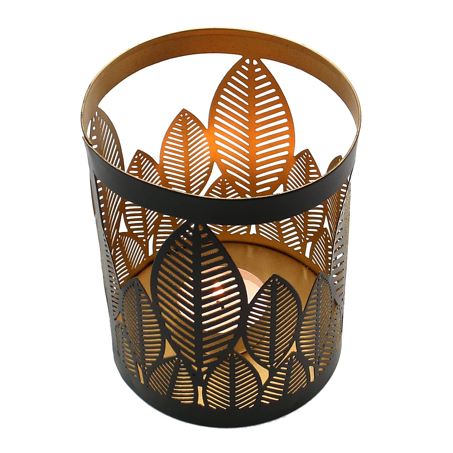 Portacandela antivento in metallo con decorazione a foglia, colore nero/interno oro/dimensioni (lunghezza x larghezza x altezza): circa 13 x 10 x 13 cm