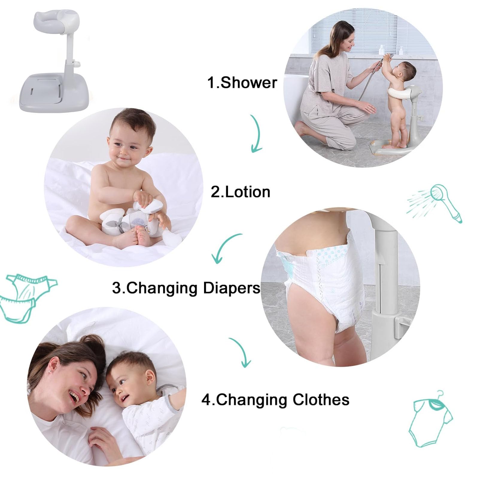 Rutschfester Baby-Dusche-Ständer, Verstellbare -Stehbadewanne, Multifunktionaler Baby-Badewannenständer Zum Baden, Anziehen und Wickeln (Grau weiß)