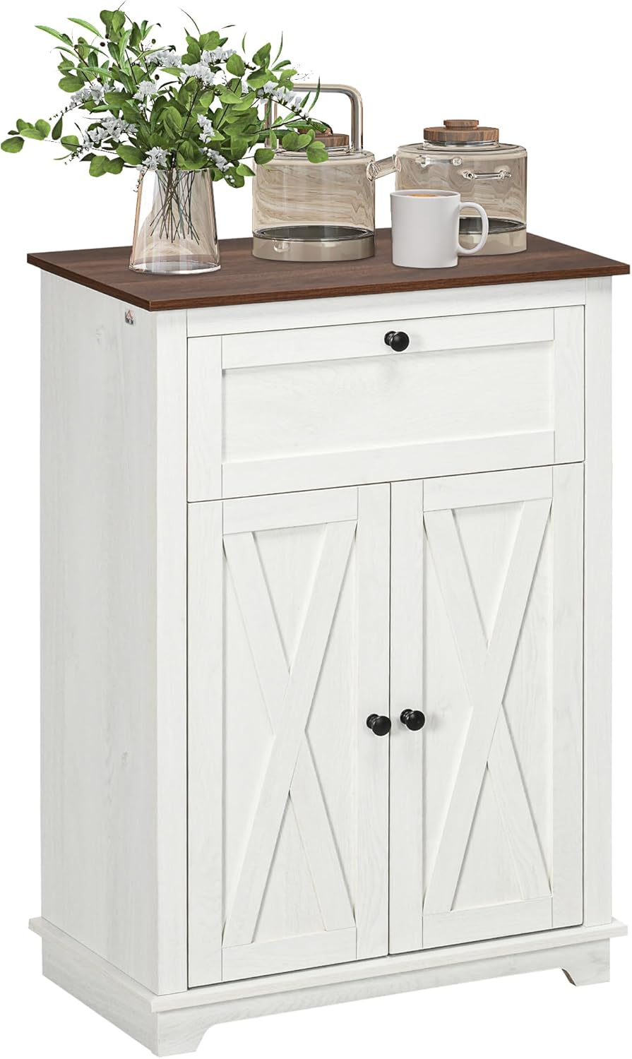 HOMCOM Farmhouse Barn Door Accent Cabinet, Kitchen Sideboard Storage Cabinet with Double Doors, Drawer, and Adjustable Shelf for Living Room, White