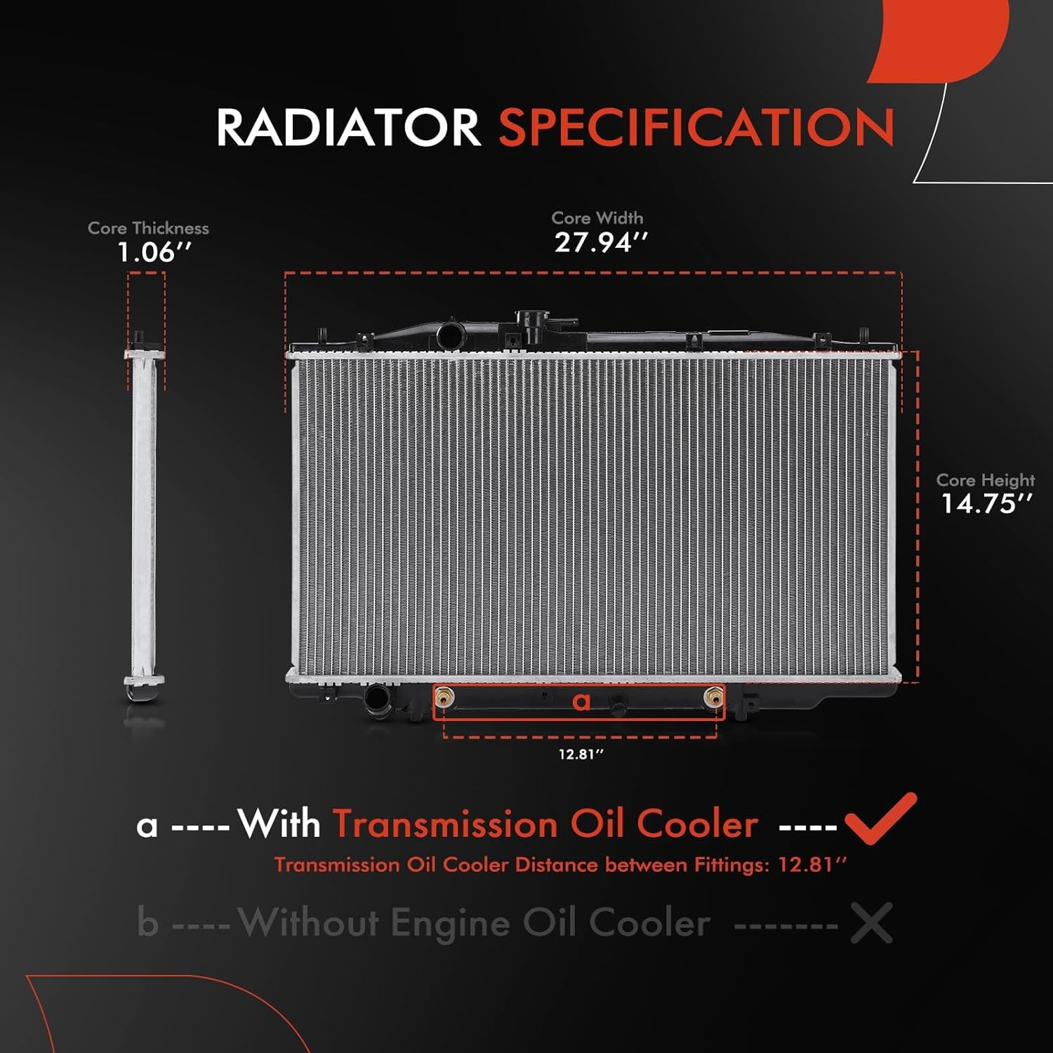 A-Premium Engine Coolant Radiator with Transmission Oil Cooler Compatible with Honda Accord 2005 2006 2007 V6 3.0L, Automatic Transmission, Replace# 19010RCJA52