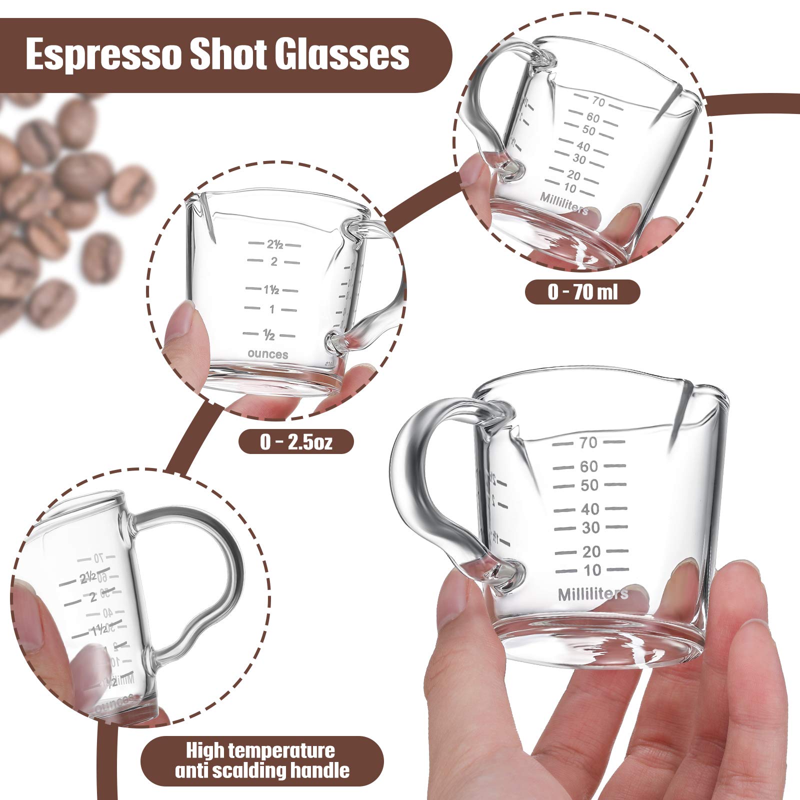 3 piezas de vaso de chupito de espresso, tazas medidoras de 3 onzas, jarra triple barista con mango de vertido para leche, expreso, café 3