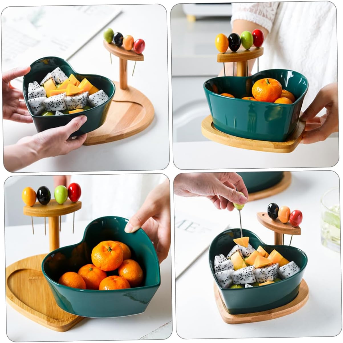 Ceramic Heart-shaped Fruit Bowl with Forks 1-set Porcelain Salad Bowl for Snacks and Dry Fruits Green Household Tableware for Kitchen and Living Room