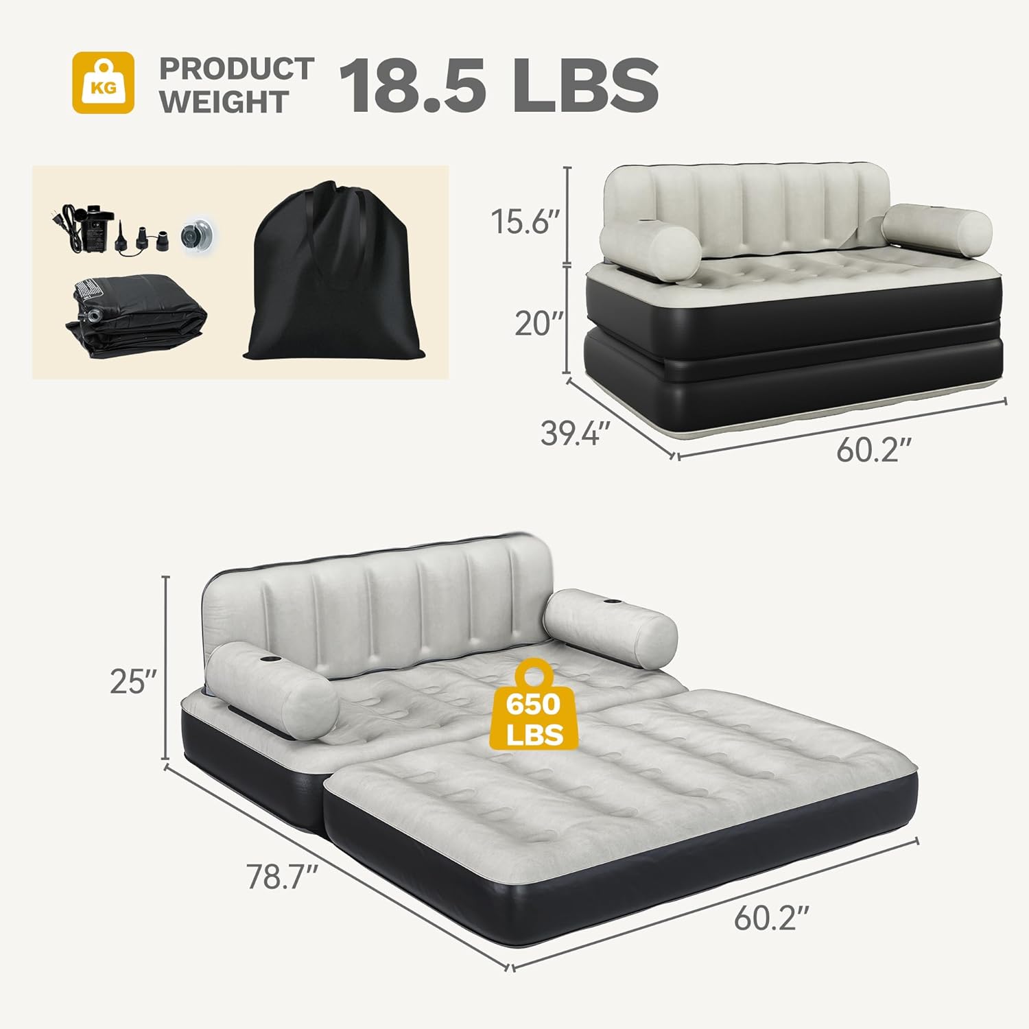 DWVO Air Sofa Bed Mattress with Headboard, Queen Size Inflatable Sofa Bed with Pump & Cup Holders, Blow Up Couch for Home/Apartment/Camping, Gray & Black