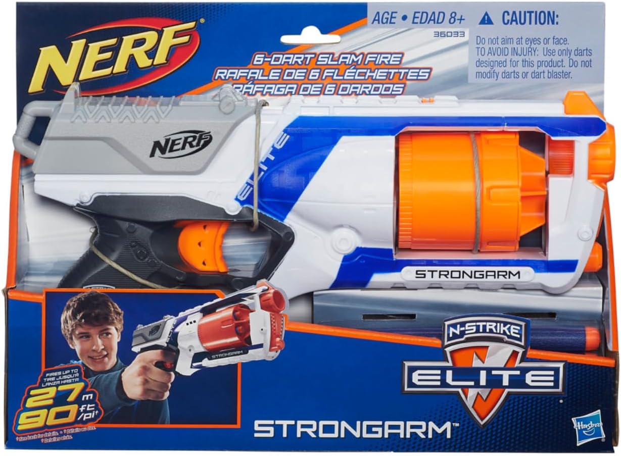 Nerf N Strike Elite Strongarm Toy Blaster with Rotating Barrel, Slam Fire, and 6 Official Elite Darts, Toys for Kids, Teens, and Adults, Boys and Girls, Outdoor Toys, White (packaging may vary)