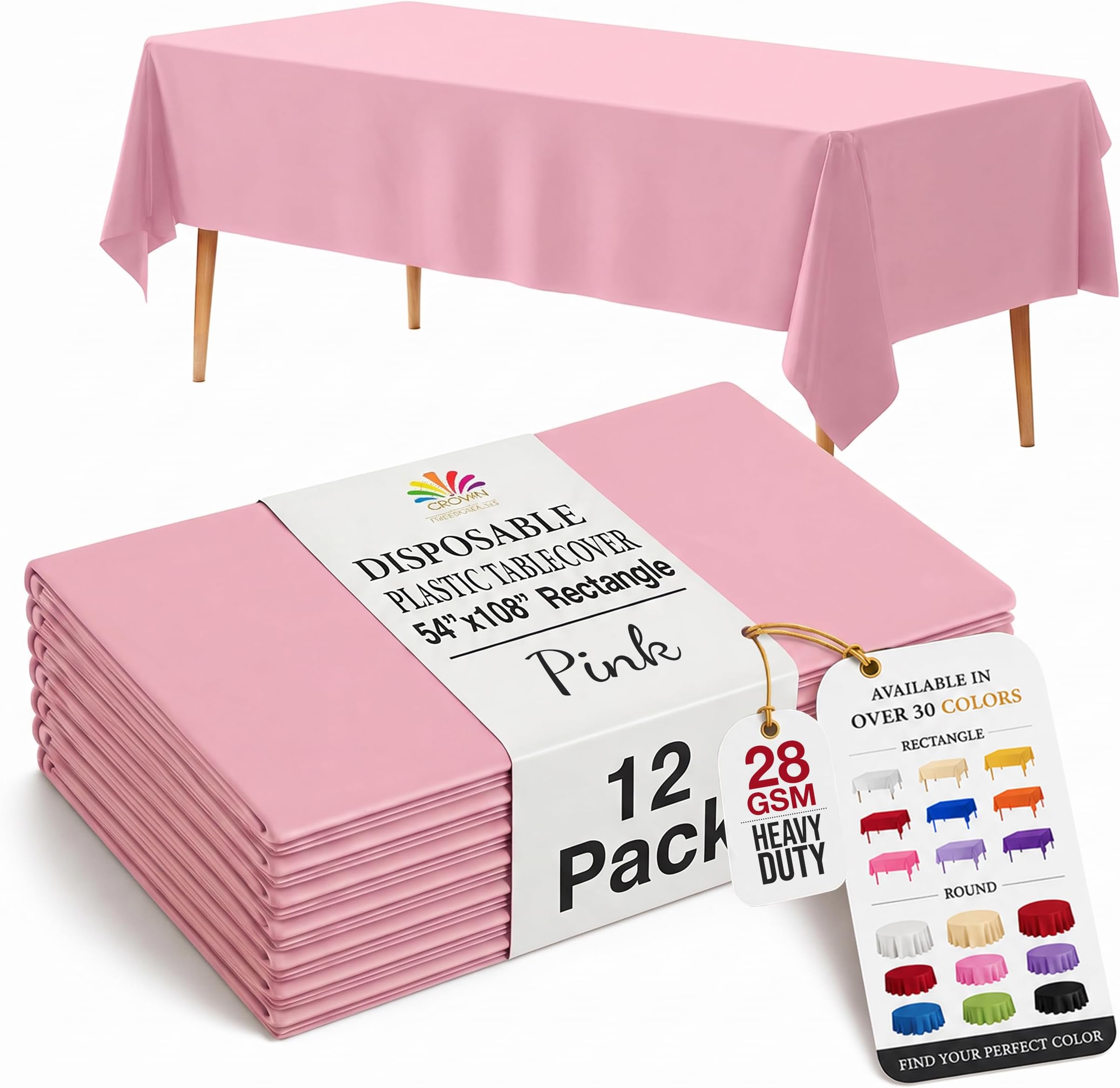 Exquisite Pink Plastic Table Cloth Disposable 12 Pack, 54 x 108 Inch | Disposable, waterproof table cover for parties, birthdays, weddings, graduations, picnics and BBQs; fits 6-8 ft tables