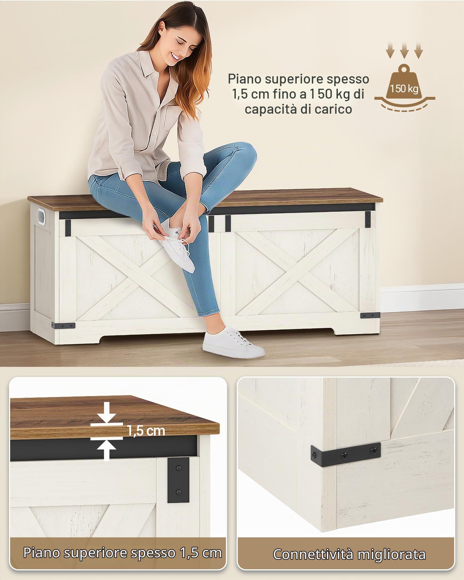 Hzuaneri Cassapanca con Vano Portaoggetti, 40 x 120 x 48 cm, Bianco Marrone | Mobile Seduta con Cerniere di Sicurezza, Contenitore, per Corridoio, Camera da Letto, Soggiorno, SB12014X