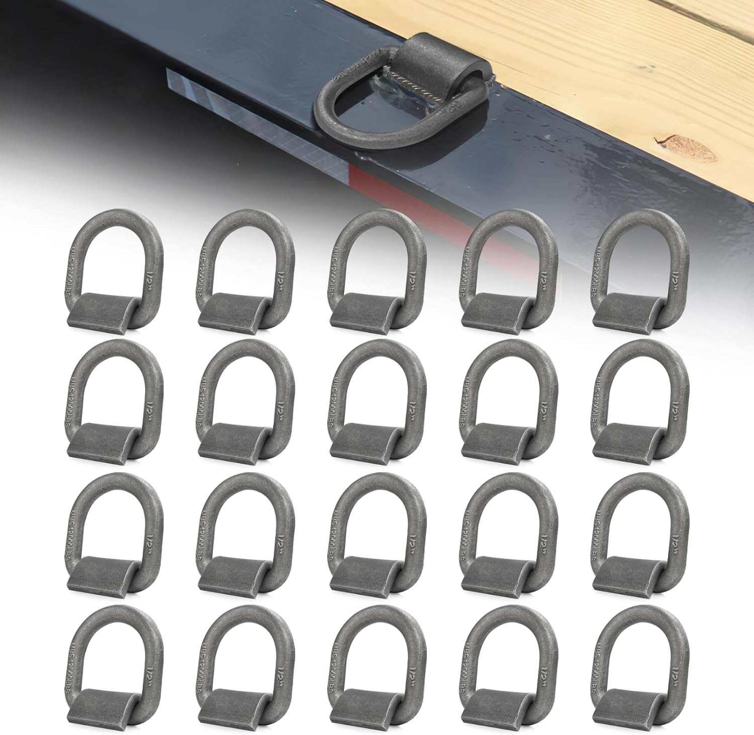 Weld-On Forged D Ring, 1/2" D-Ring Trailer Tie Down Anchor with Welding Clip for Trailer, Truck Cargo, RV, ATV Tiedowns, Farm Applications and More, MBS:12,000 lbs, 20 Pack
