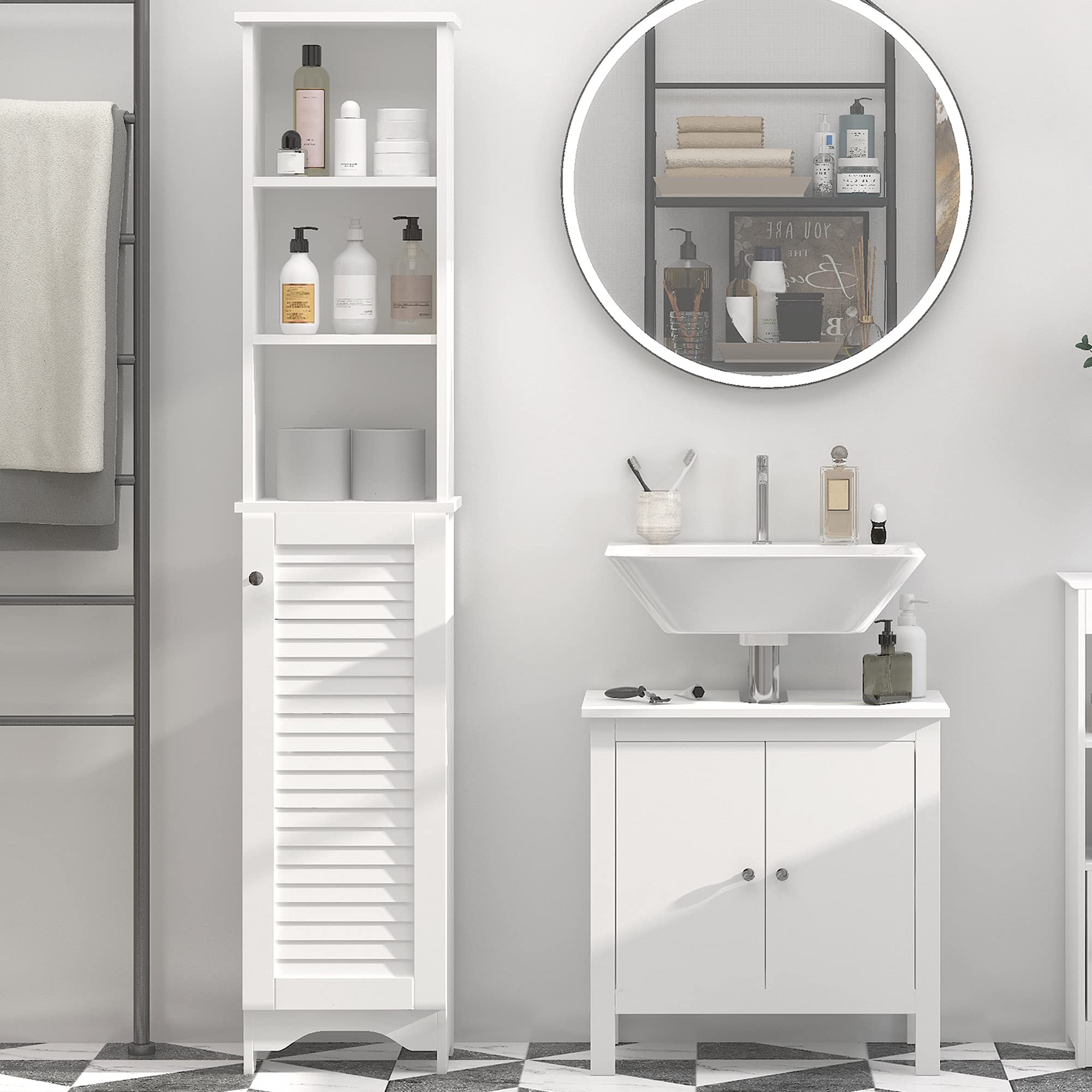 HOMCOM Armario Alto de Baño con 1 Puerta 3 Estantes 34x20x165 cm Blanco | Abiertos, Balda Interior Ajustable, Mueble Auxiliar de Almacenaje, para Salón, Aseo, Dormitorio