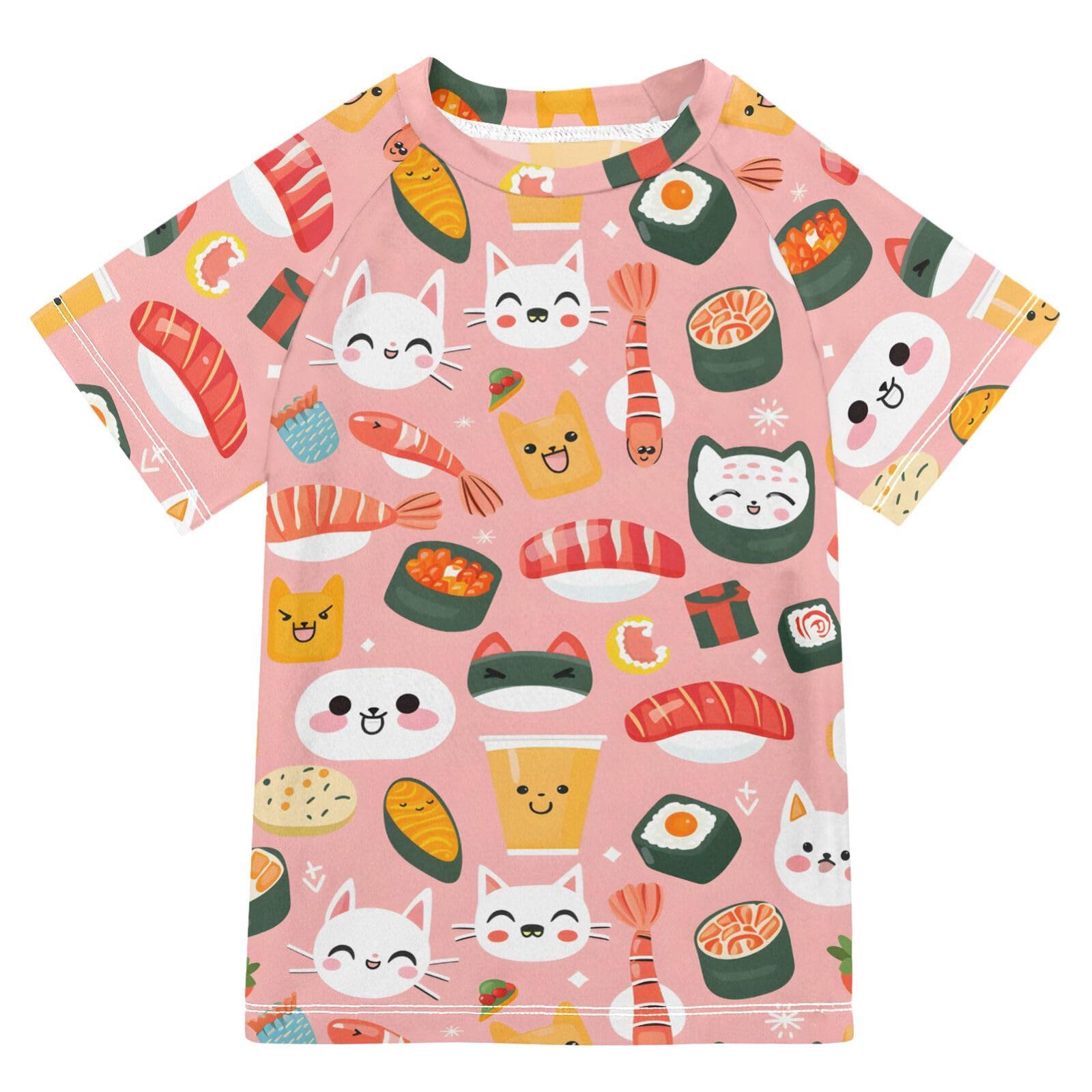 ALAZA Boys Swim Shirts Toddler Rash Guard Short Sleeve Rashguard Cat Sushi Japanese UPF 50+ 11-12T