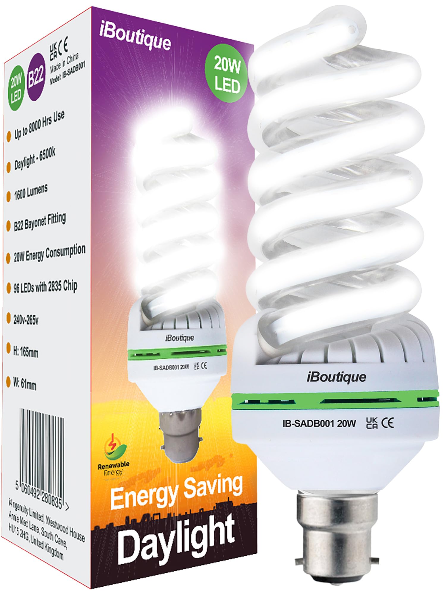 iBoutique 150w Equivalent Bayonet B22/BC 20W Daylight Energy Saving LED Bulb (Full Spectrum) Great for SAD Sufferers, Snooker, Pool, Hobbies, Crafts, Photography
