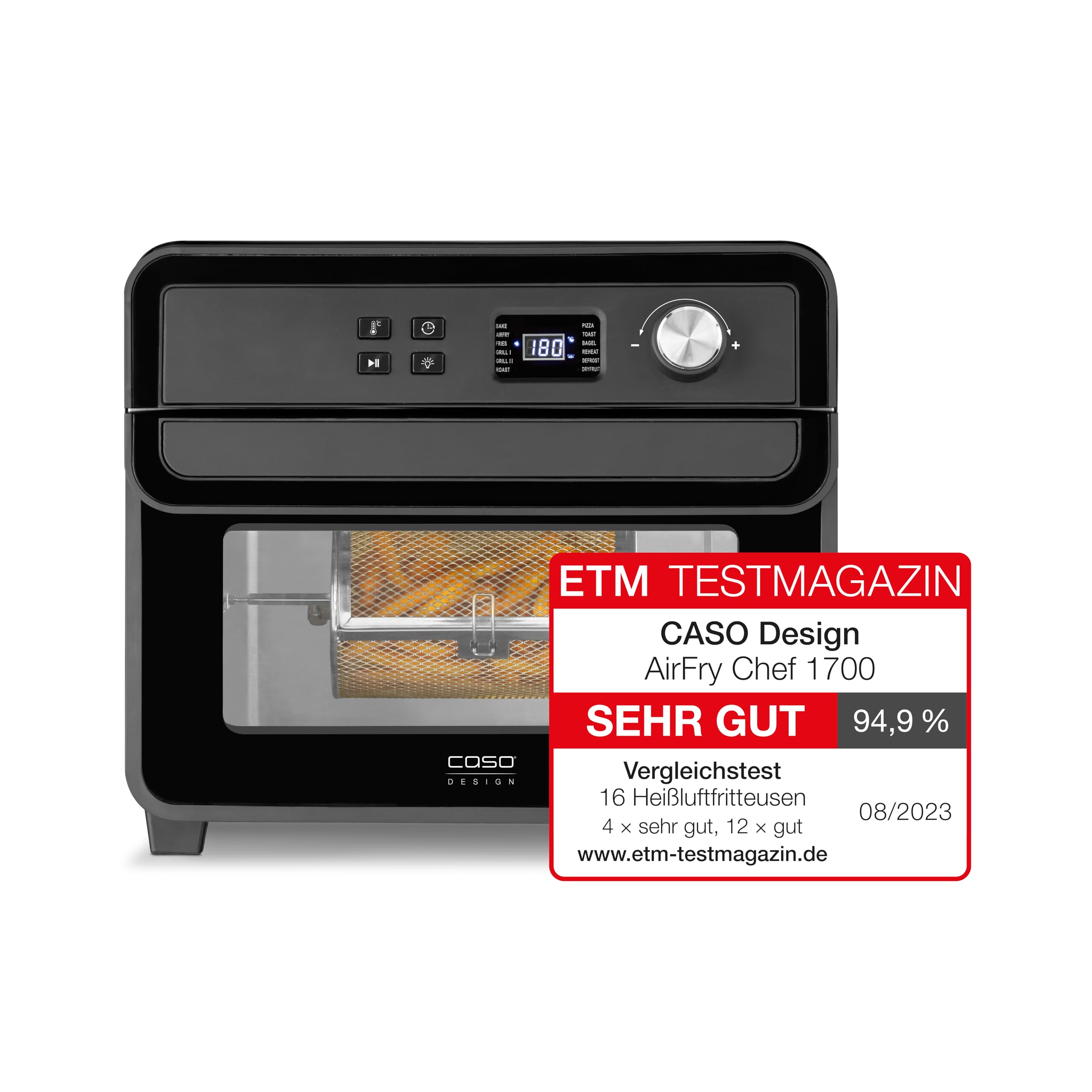 CASO AirFry Chef 1700 designerska frytkownica na gorące powietrze, gotowa do natychmiastowego uruchomienia bez podgrzewania, 3 wkładki, zakres temperatur od 40°C do 230°C (w krokach co 5°C), timer,