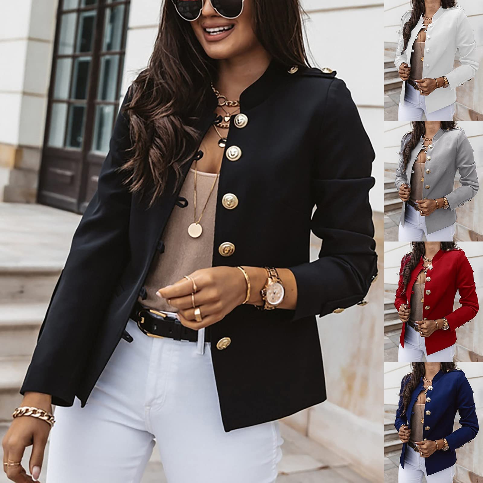 Sweatblazer damska kurtka garniturowa, elegancki płaszcz z listwą guzikową, płaszcz wojskowy, casualowy, marynarka rekreacyjna, stójka, biznesowy, do biura, marynarka, płaszcz slim fit, M - 3XL