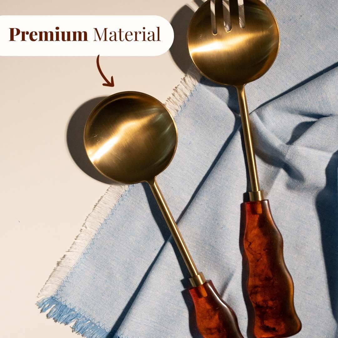 Folkulture Pinzas de ensalada de metal con resina para servir o servir cucharas, pinzas para servir pasta, frutas o ensaladas, tenedores de ensalada de acero inoxidable (marrón dorado, 12 x 3 pulgadas