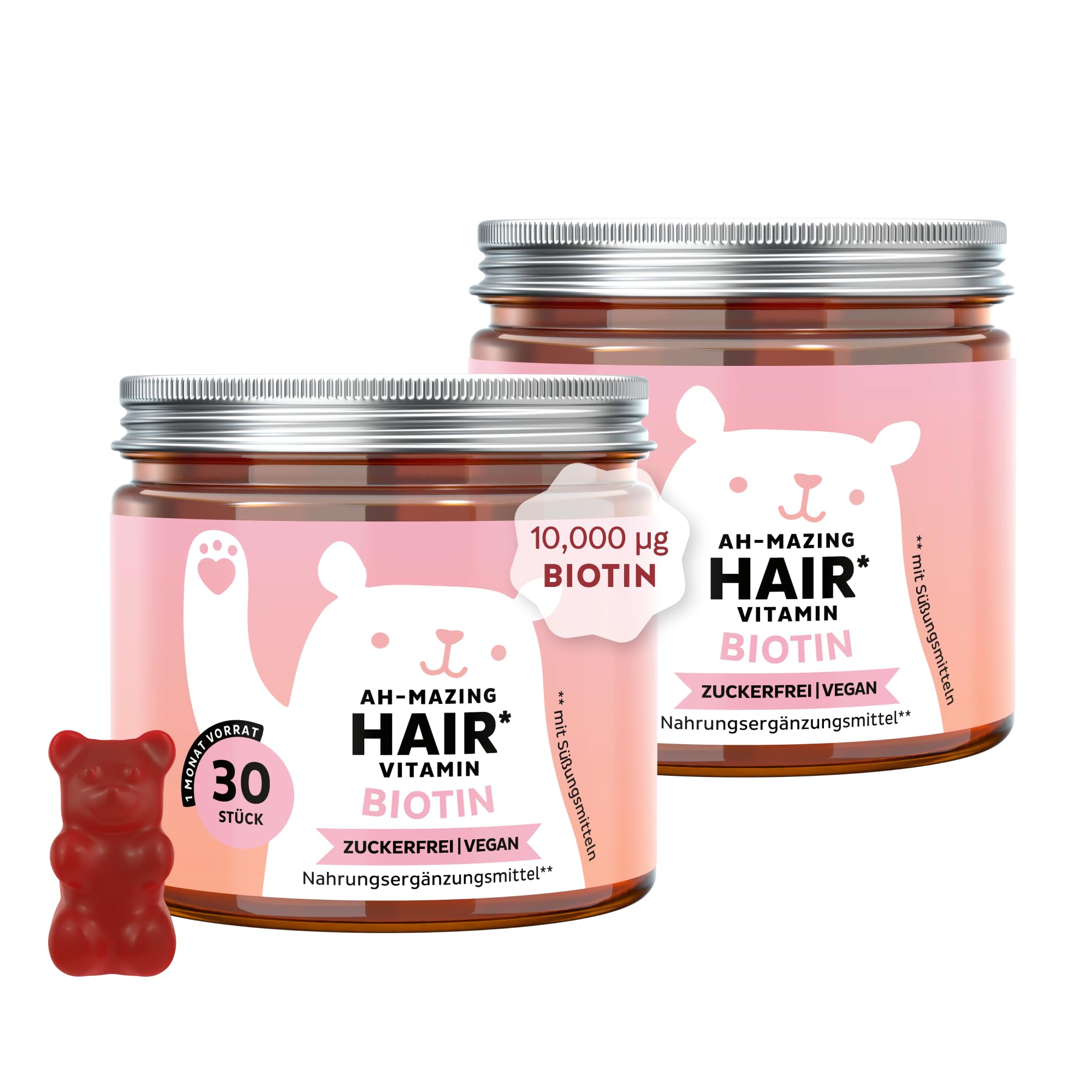 Biotin Gummies – Duo Pack Ah-Mazing Hair - Für Haare, Haut und Nägel - Mit 10.000 µg Biotin, Zink, Vitamin B6, C & E sowie Jod – 2x30 Stück (2-Monats-Vorrat) - Vegan & zuckerfrei - Bears with Benefits