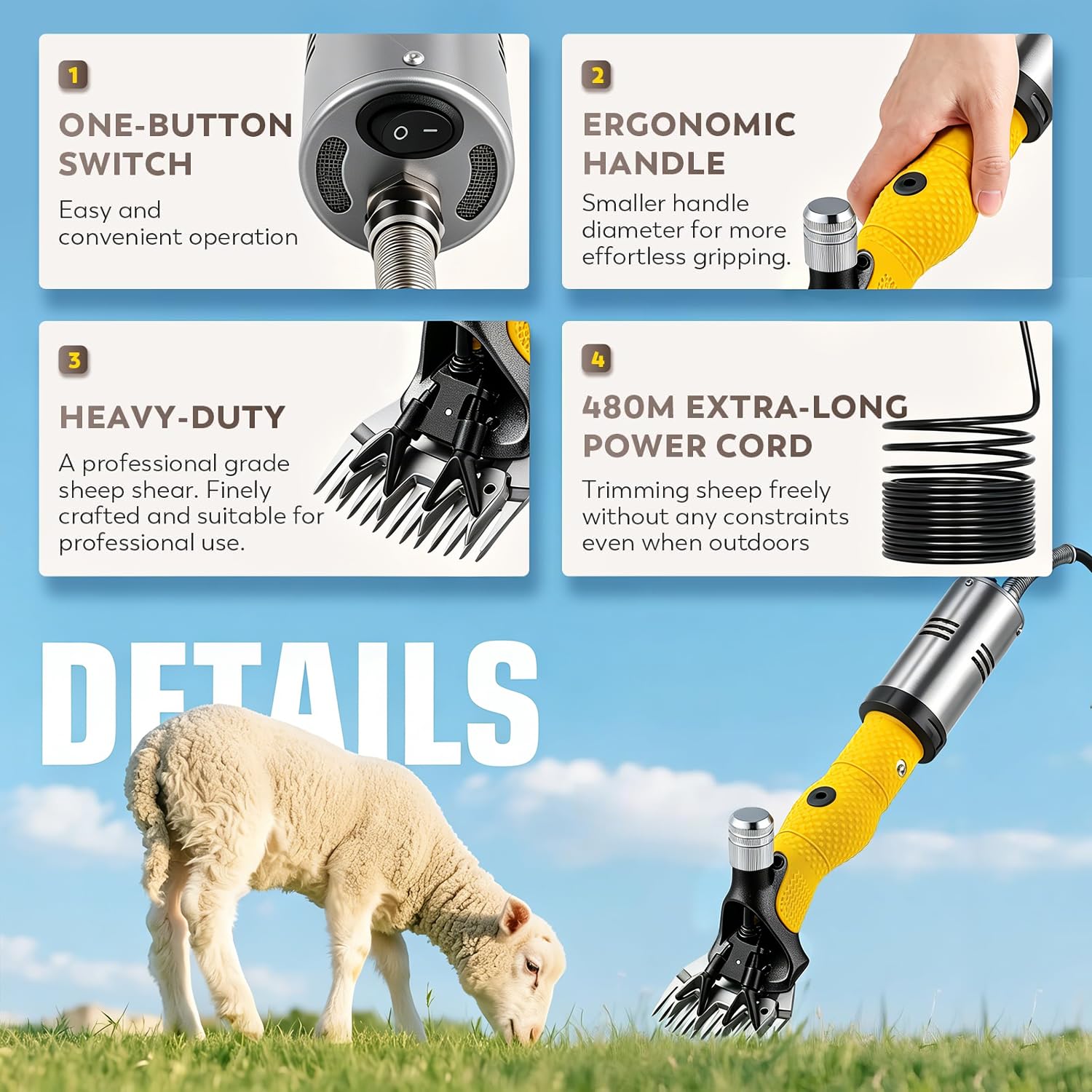 CGOLDENWALL 1000W Tosatrice Professionale per Pecore 2400giri/min con 6 Velocità e Doppia Protezione Anti-Surriscaldamento -Lame in Acciaio al Carbonio per Pecore, Capre, Alpaca - Kit Completo Incluso