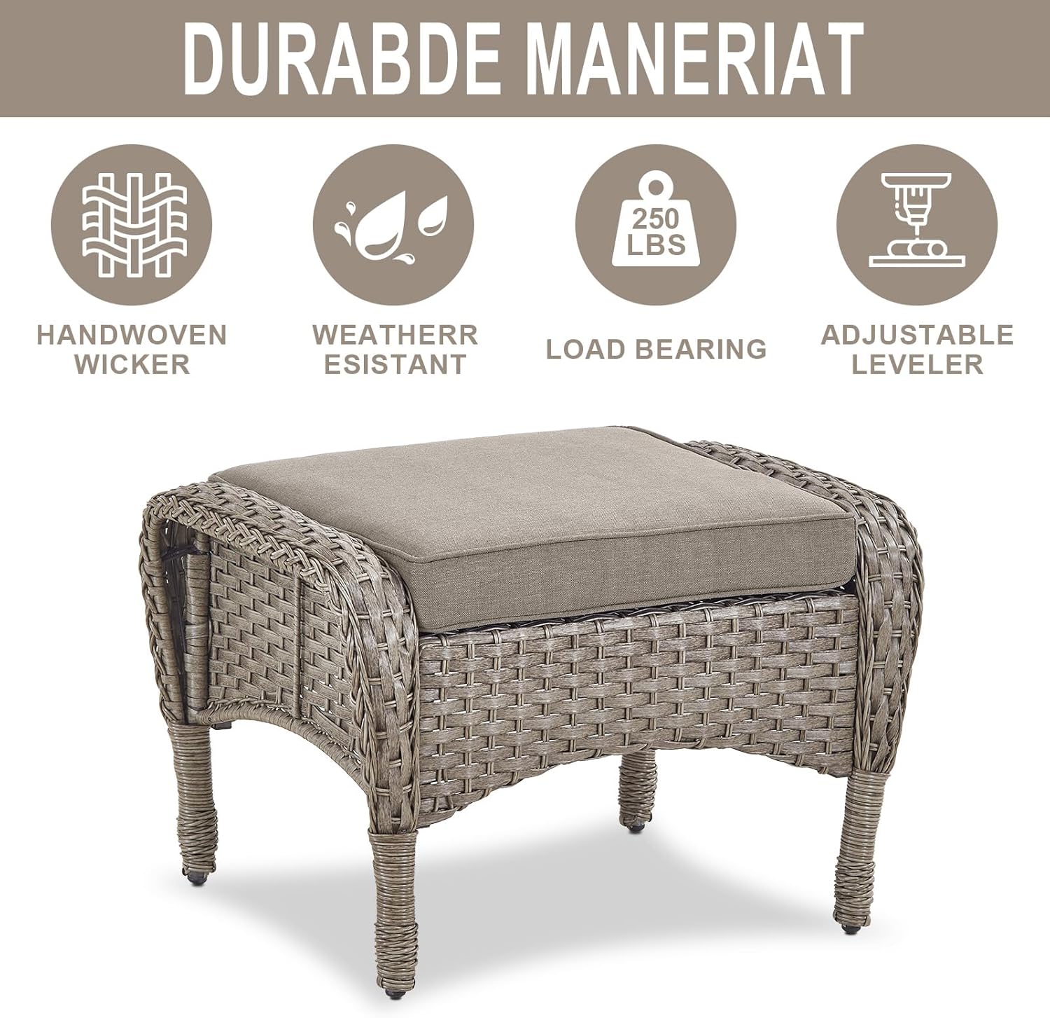 Belord Outdoor Ottomans for Patio Foot Rest - 25 Inch PE Wicker Foot Stool Set of 2 with Removable Cushions for Patio Furniture Sets,All Weather Rattan Ottoman for Balcony Deck Gray/Gray