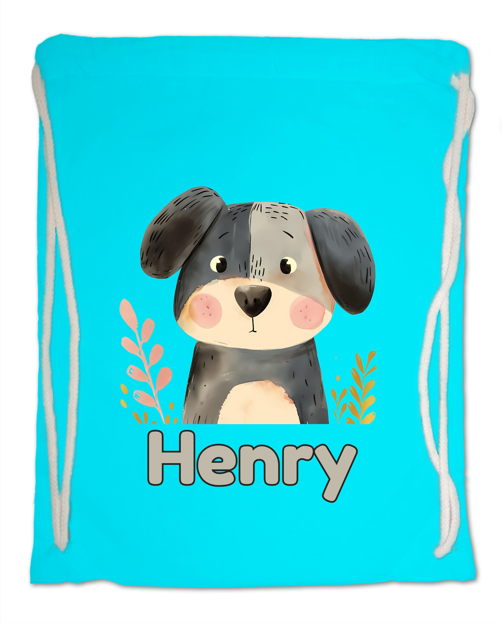 Personalised Any Name Dog Gym Bag for Kids - Cute Watercolour Puppy. Cotton, Ideal for School, Nursery, Swimming, Travel (Surf Blue)