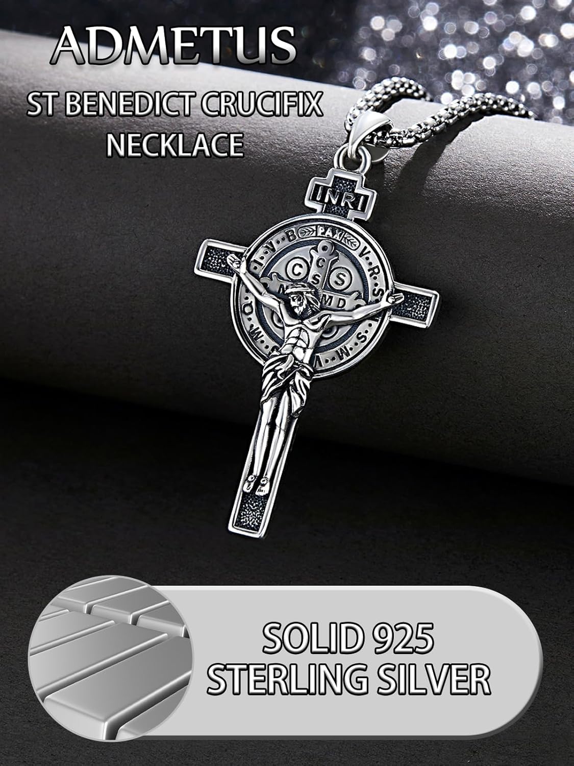 ADMETUS 925 Sterling Silver Patron Saint Necklace | Amulet Necklace Cross Jewelry for Men with 2.5mm 22"+2" Rolo Chain - Image 4