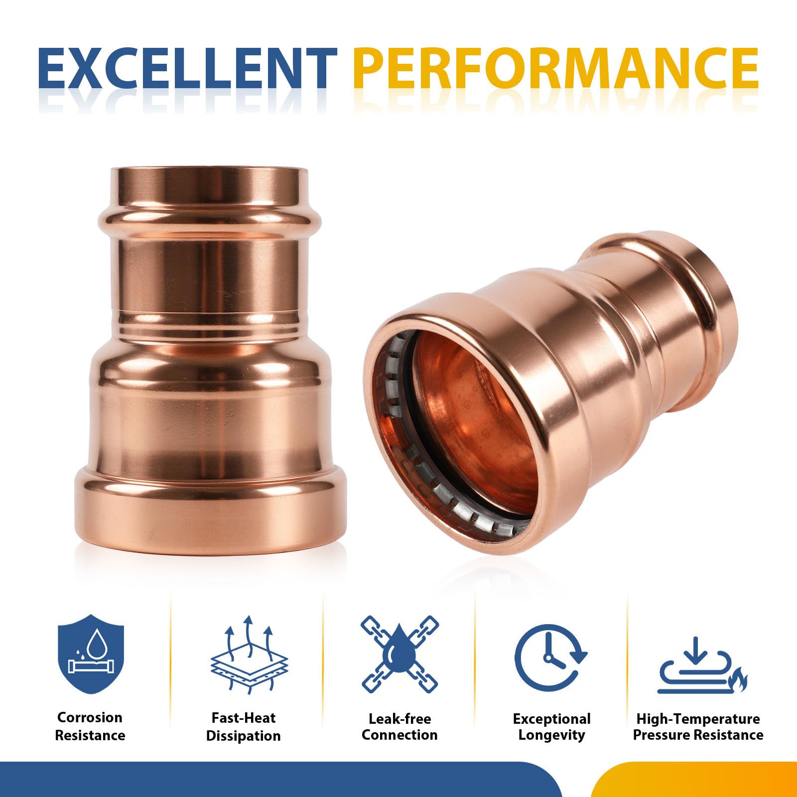 Paquete de 2 acoplamientos de presión de cobre GUOFIS sin tope, 1-1/4" x 1/2", acoplamiento de cobre para conexiones de tuberías de reparación y remodelación de plomería, diseño de flujo continuo.
