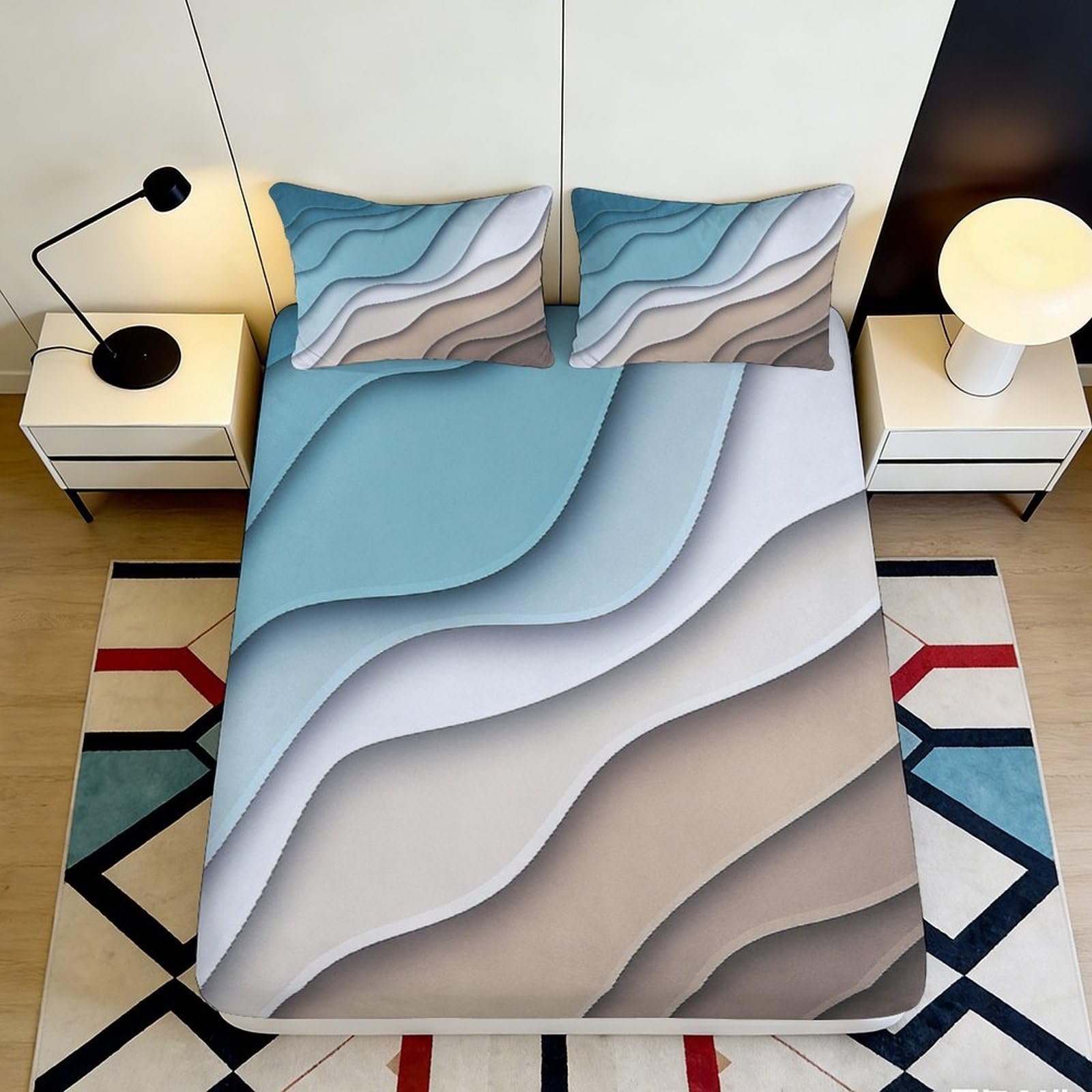Uxinyoume Style-1 3D Printed Wave Gradient Fitted Sheet Microfiber Soft Modern Sand Layer Mattress Cover For Bedroom Dorm Decor 90X200x25cm