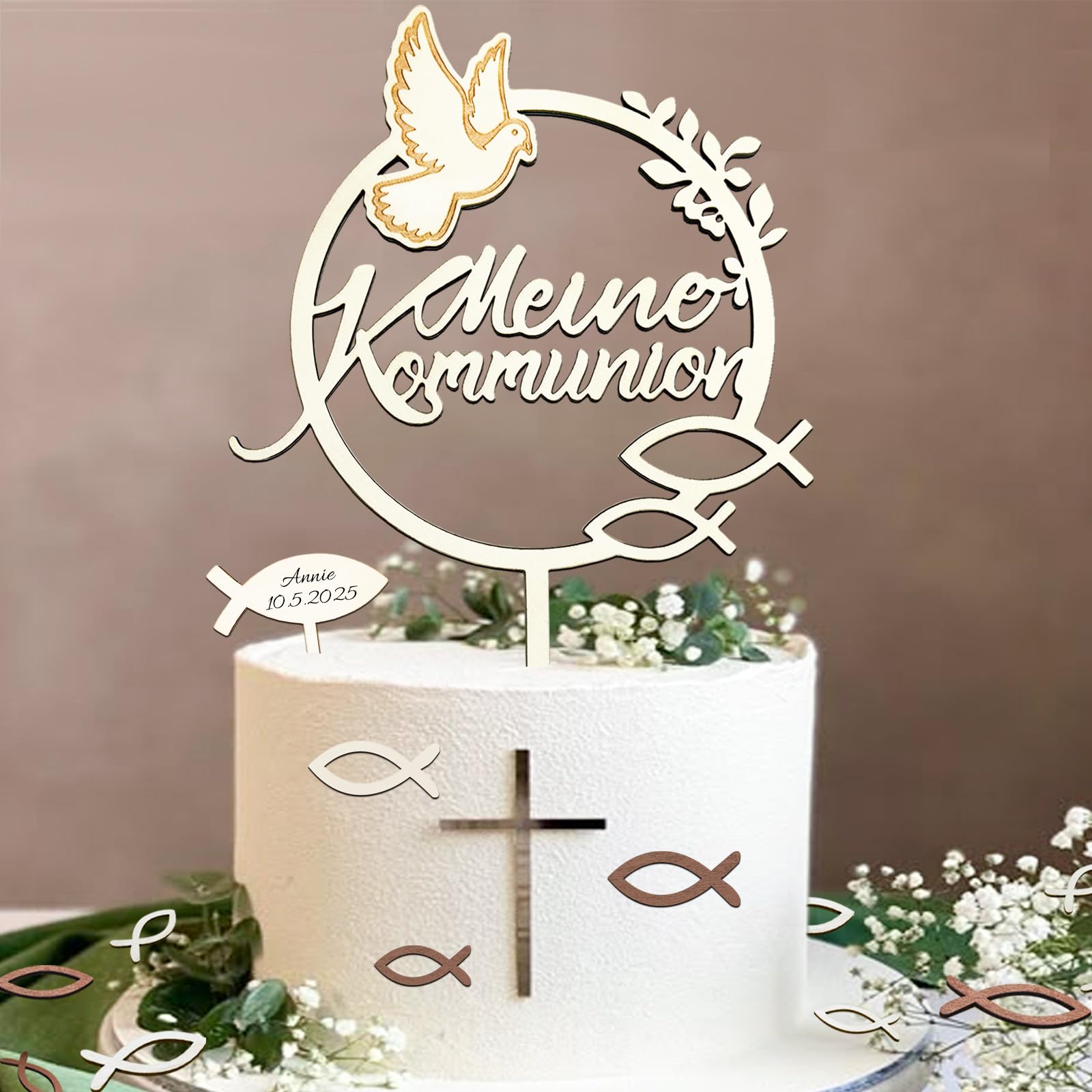 Tortendeko Kommunion, Meine Kommunion Cake Topper Holz & 36 Stück Fische Streudeko Tischdeko & Fisch Kreuz Kuchen Deko, Erstkommunion Deko Junge Mädchen Geschenke Gastgeschenke, Kommunionsgeschenke