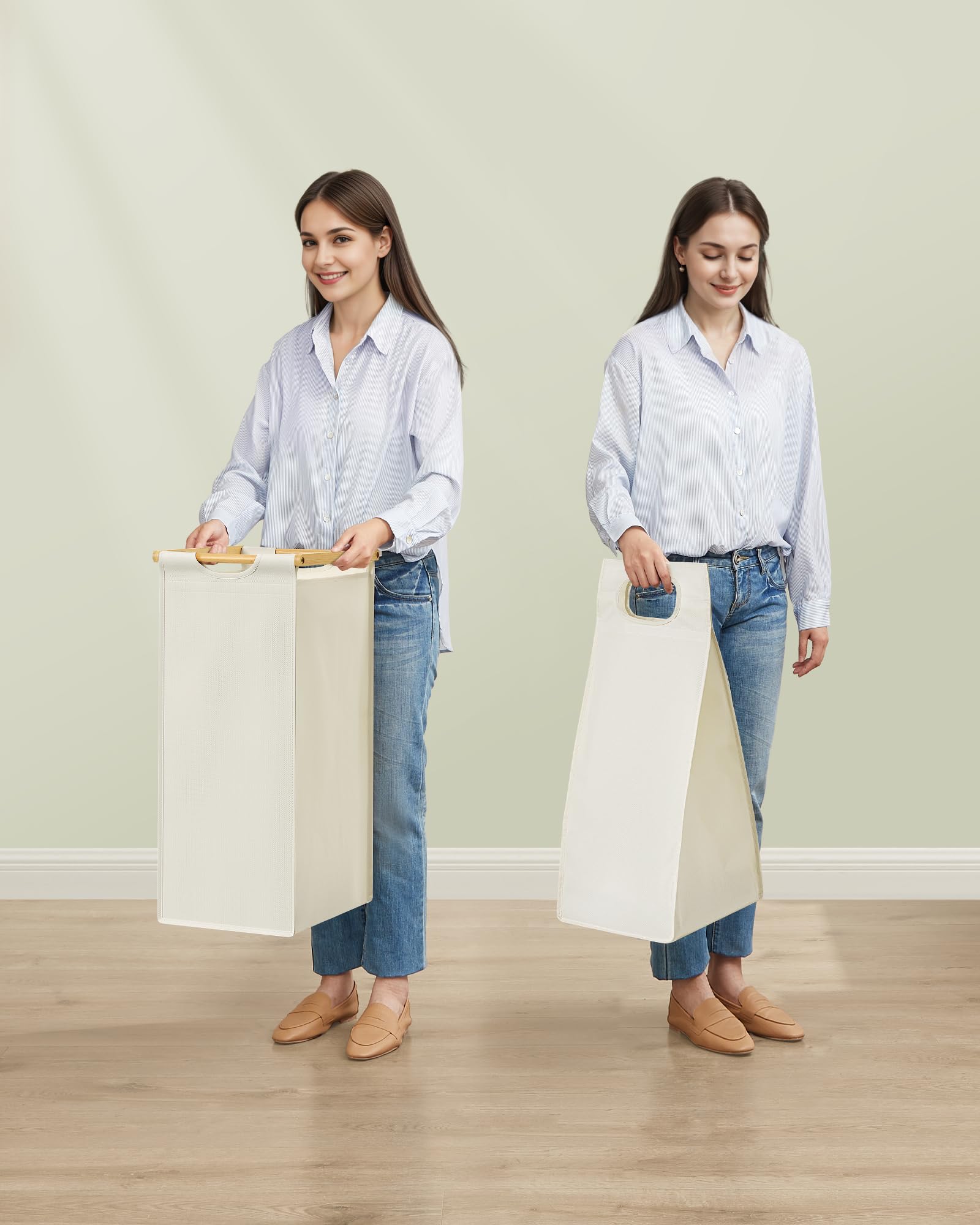 SONGMICS Kosz na pranie, z 3 przegródkami, kosz na brudną bieliznę, bambusowy, pojemność 150 l, z półką, kieszeniami bocznymi, 3 x 50 l, 94 x 33 x 78 cm, kremowo-biały RLH115W01