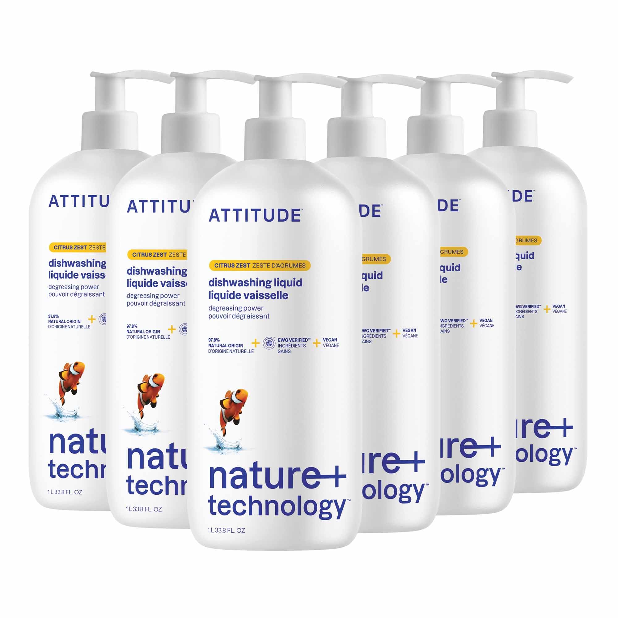 ATTITUDE Dish Soap, EWG Verified, Plant-Based &amp; Vegan Dishwashing Liquid, Naturally Derived, Citrus Zest Scent, 33.8 Fl Oz (Pack of 6)